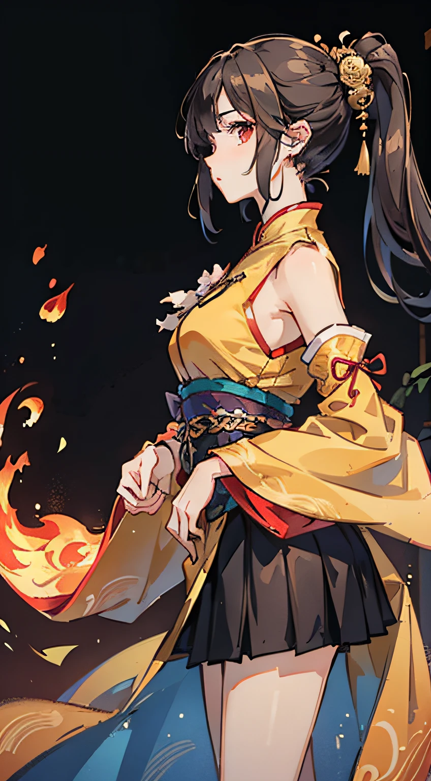 (Masterpiece, best quality, very detailed CG, complex details: 1.2),simple_background,fire,1girl,solo,looking at viewer, chinese clothes,hanfu,long hair,detached_sleeves,wide_sleeves,ponytail,hair ornament, skirt,sword,standing,(from side:1.4), hanfu tang,loong,.