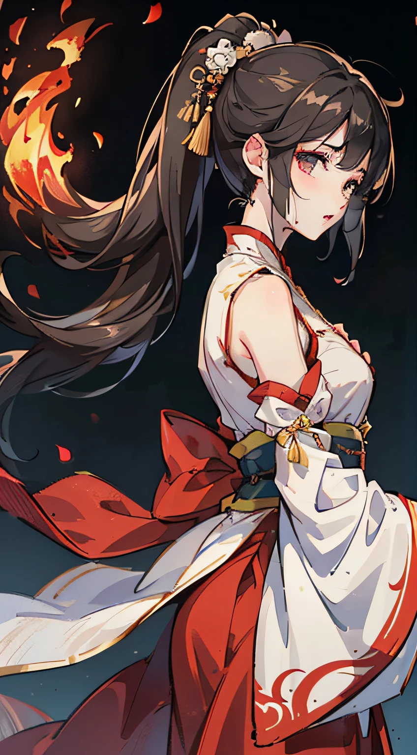 (Masterpiece, best quality, very detailed CG, complex details: 1.2),simple_background,fire,1girl,solo,looking at viewer, chinese clothes,hanfu,long hair,detached_sleeves,wide_sleeves,ponytail,hair ornament, skirt,sword,standing,(from side:1.4), hanfu tang,loong,.