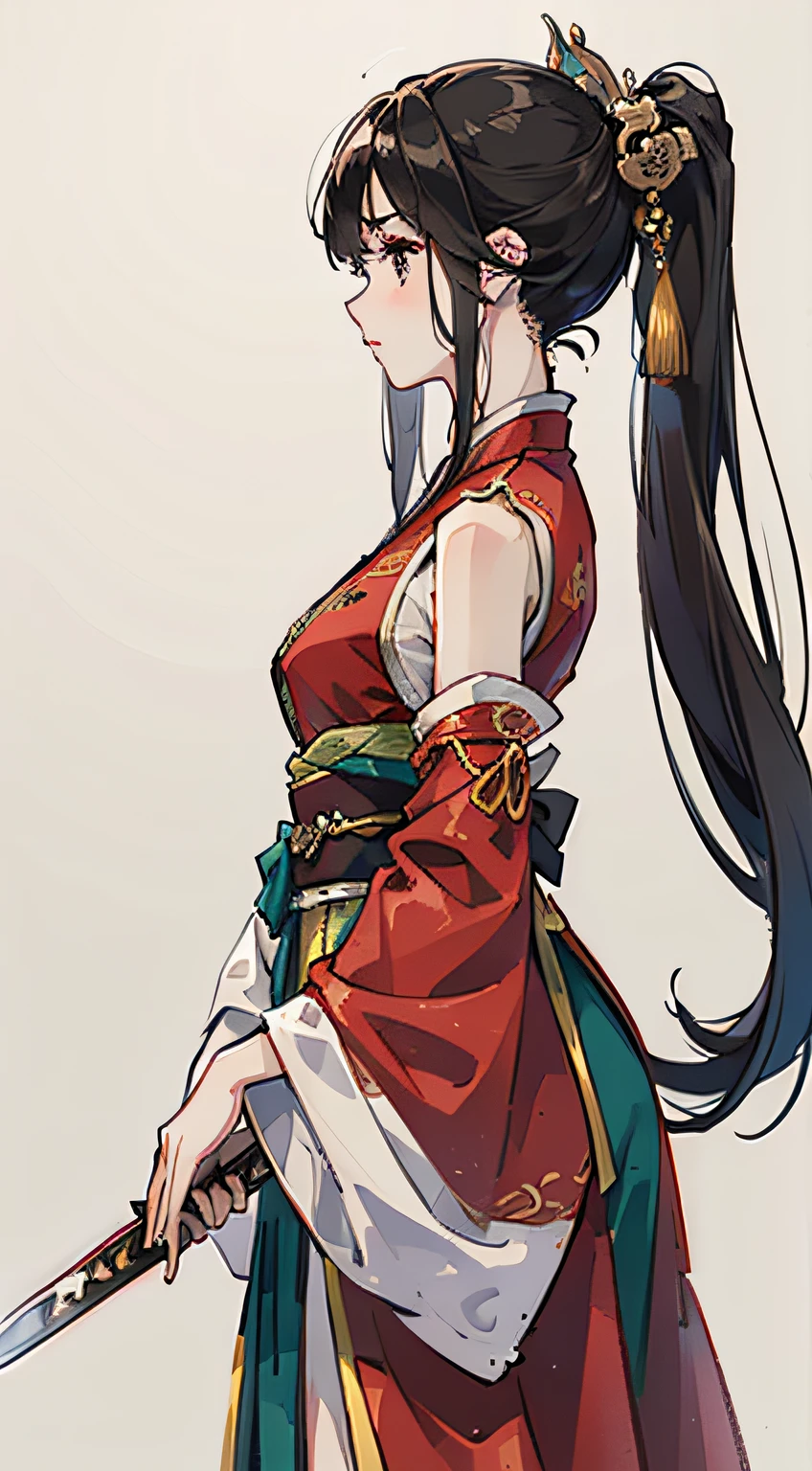 (Masterpiece, best quality, very detailed CG, complex details: 1.2),simple_background,fire,1girl,solo,looking at viewer, chinese clothes,hanfu,long hair,detached_sleeves,wide_sleeves,ponytail,hair ornament, skirt,sword,standing,(from side:1.4), hanfu tang,loong,.