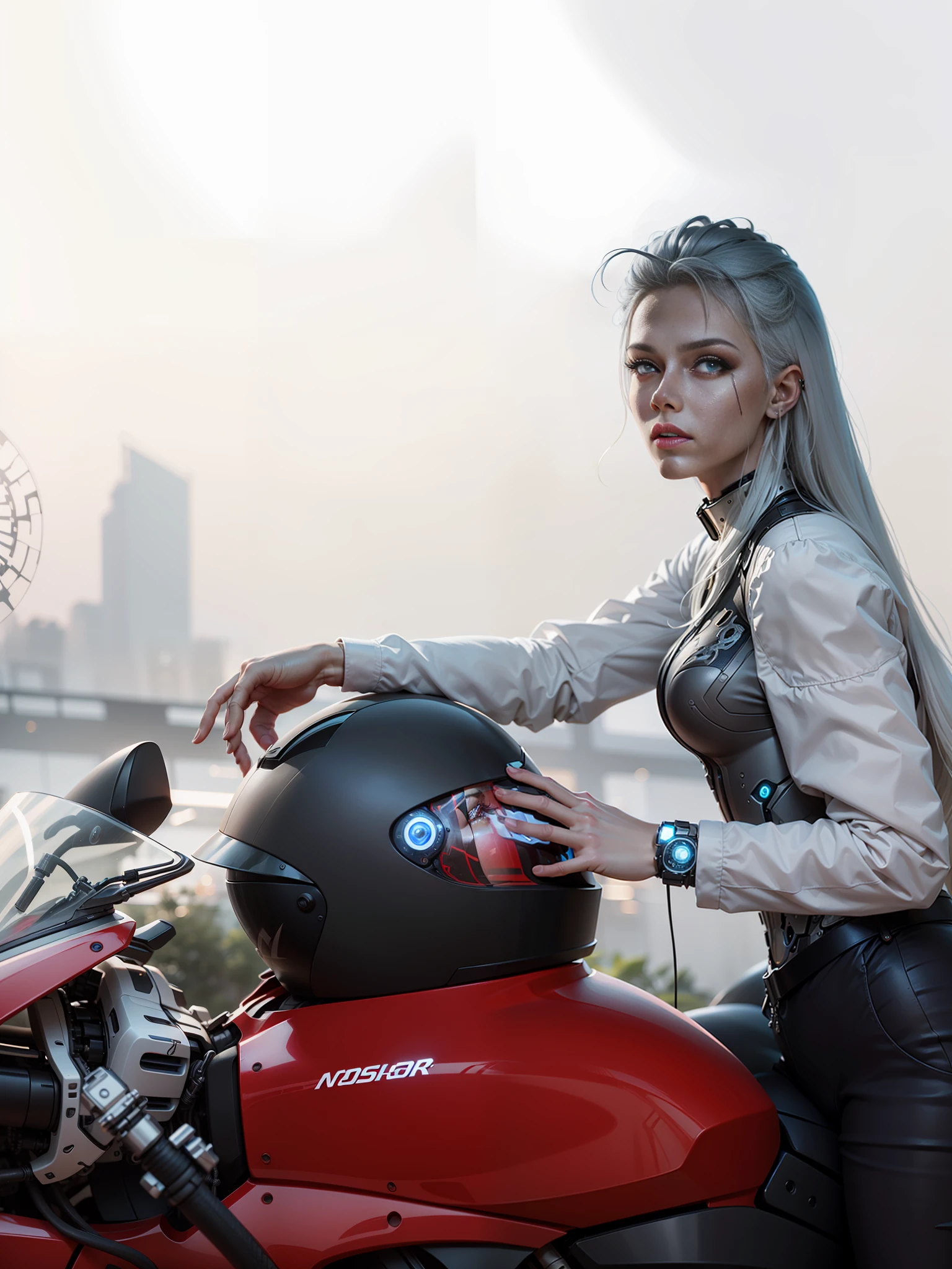 Beautiful face and eyes, very detailed face and eyes, long white hair, y cyber female warrior and cyber mechanical motorcycle, Nousr, biomechanics, MSHN robot woman, high-tech white hair, helmet, surreal, steel, intricate design, crazy details, fine details, extremely clear lines, cinematic lighting, photo realisticity, detailed masterpiece