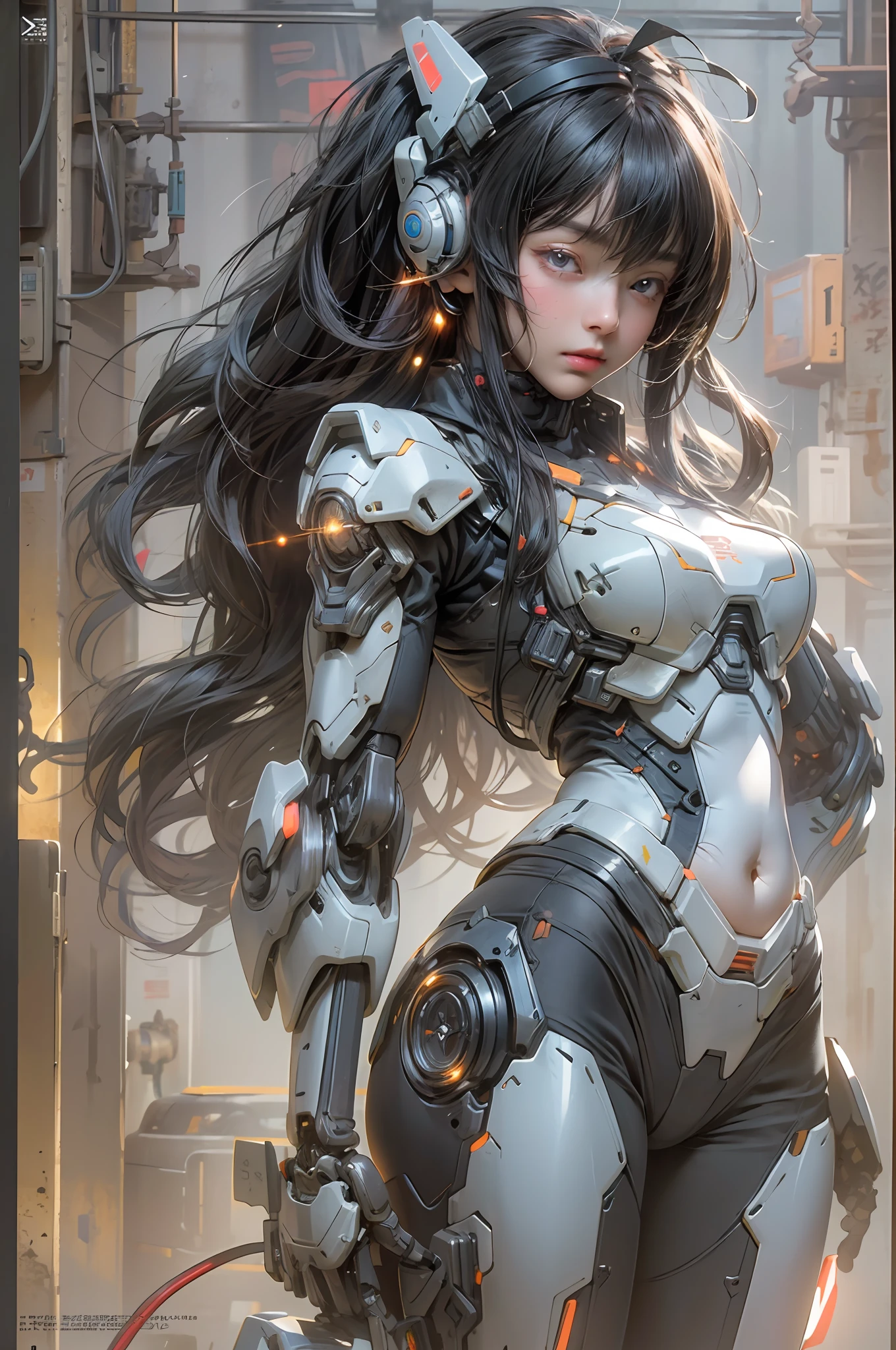 Top Quality, Masterpiece, Ultra High Resolution, (Photorealistic: 1.4), Raw Photo, 1 Girl, Black Hair, Glossy Skin, 1 Mechanical Girl, (Ultra Realistic Detail)), Portrait, Global Illumination, Shadows, Octane Rendering, 8K, Ultra Sharp, Big, Cleavage Exposed Raw Skin, Metal, Intricate Ornament Details, Japan Details, Very intricate details, realistic light, CGSoation trend, purple eyes, glowing eyes, facing the camera, neon details, mechanical limbs, mechanical, standing, wires and cables connecting to the head, gundam, small LED lamps, neon light, 1 Mecha, sharp eyes, human mouth, mecha body, mechanical body, gundam suit,, great hair, straight body mecha, mecha, neon body, anime girl with a futuristic body and a gun in her hand, portrait anime space cadet girl, cyberpunk anime girl mech, guweiz on artstation pixiv, mechanized soldier girl, guweiz on pixiv artstation, detailed digital anime art, cute cyborg girl, girl in mecha cyber armor, perfect android girl, anime mecha aesthetic, Extremely cute human eighteen year old man face, human torso, human abs, human abdomen, human hips, robotic arms, mechanical legs, arms and legs with hard white shiny shell and black joints, very beautiful and male, short, petite, small, small, medium bust, cleavage display, flat belly display, partial helmet with antenna on the ear, black robot joints, very stylish, award-winning product design, black rubber tights, Shiny white metal cuirass opens at cleavage and belly, white metal rump with folds, armor with stylish, glowing trim, mecha fox tail