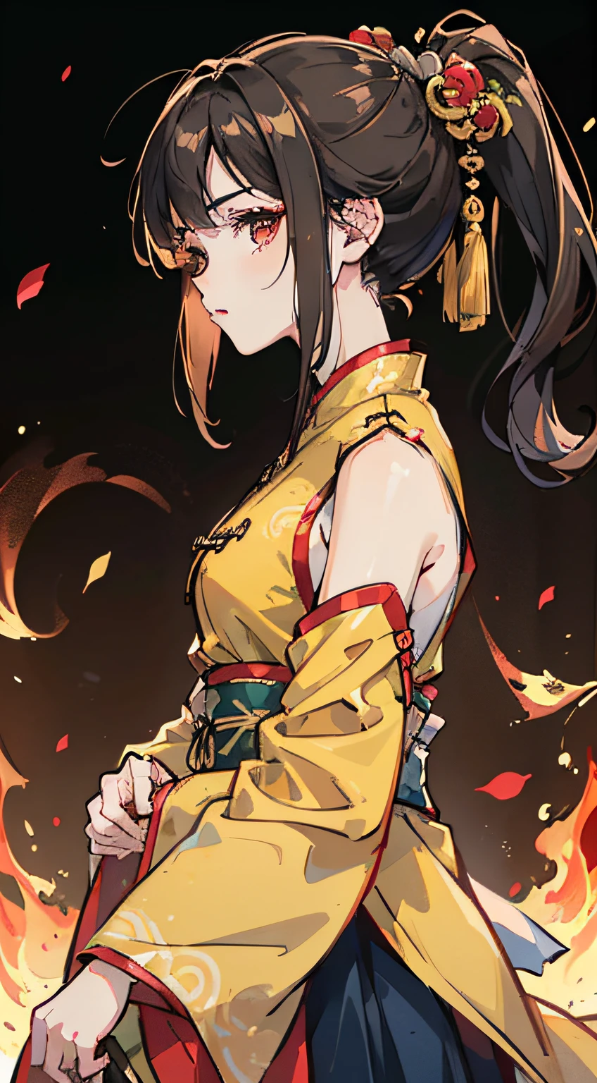 (Masterpiece, best quality, very detailed CG, complex details: 1.2),simple_background,fire,1girl,solo,looking at viewer, chinese clothes,hanfu,long hair,detached_sleeves,wide_sleeves,ponytail,hair ornament, skirt,sword,standing,(from side:1.4), hanfu tang,loong,.