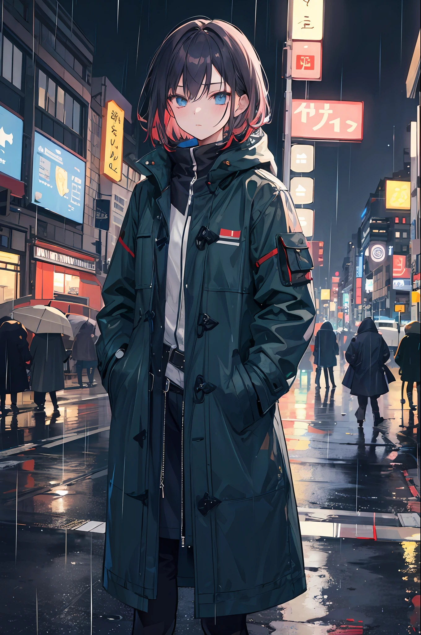 1girl, Night City, rain, coat, hands in pockets