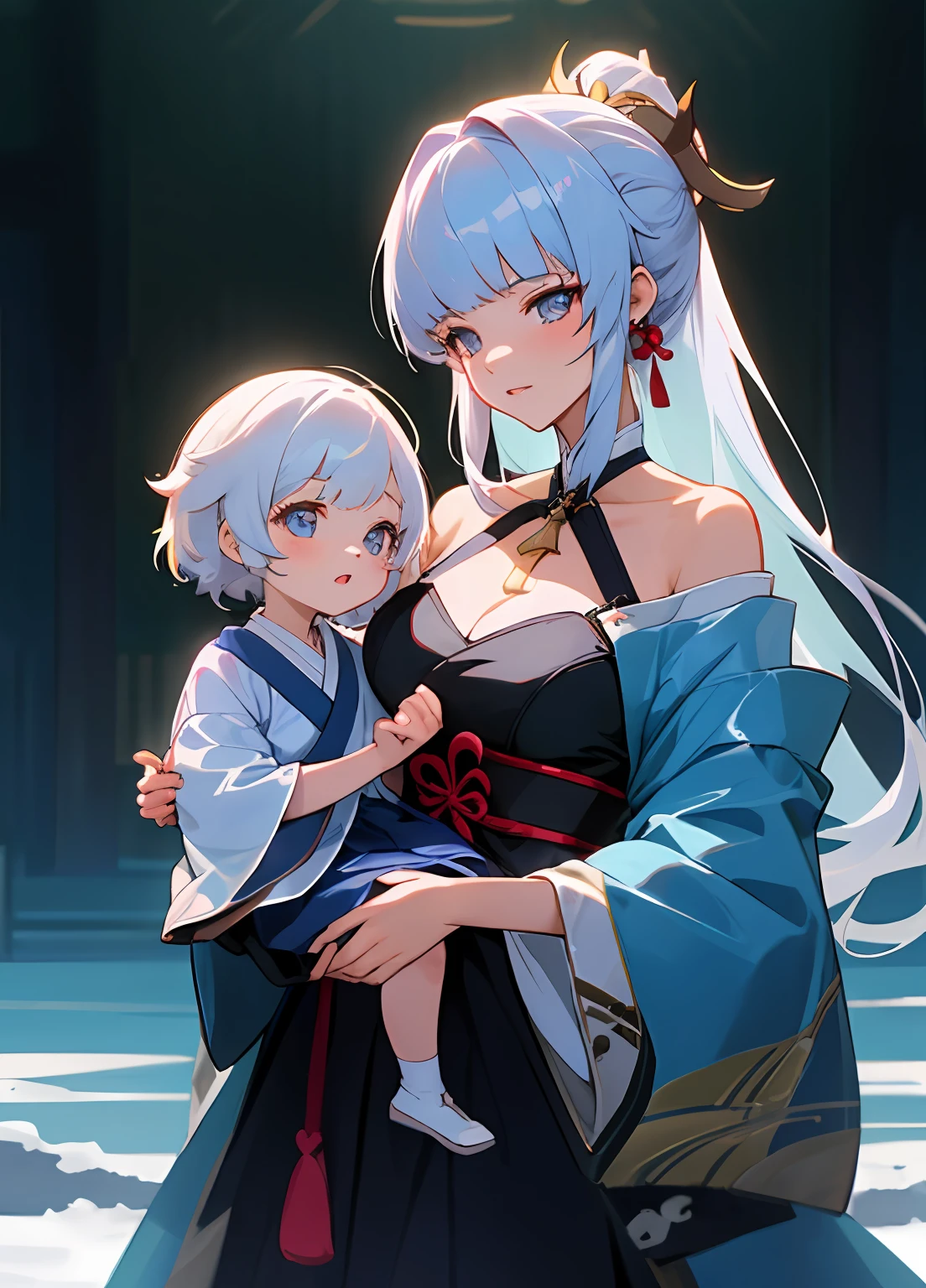 anime image of two women dressed in traditional japanese clothing in snow, white haired deity, characters from azur lane, anime fantasy illustration, from the azur lane videogame, genshin, artwork in the style of guweiz, cultivator detailed art, two beautiful anime girls, mother and child, symbol of maternal love, mother and child, such as photos of mother and child, ((masterpiece,best quality, detailed)), ultra-detailed, detailed hair, hard rim lighting,((dramatic lighting)),sharp focus,mother and daughter, medium breasts, female child(flat chest), holding, ru_qun, (off shoulder), (Hanfu:1.1)