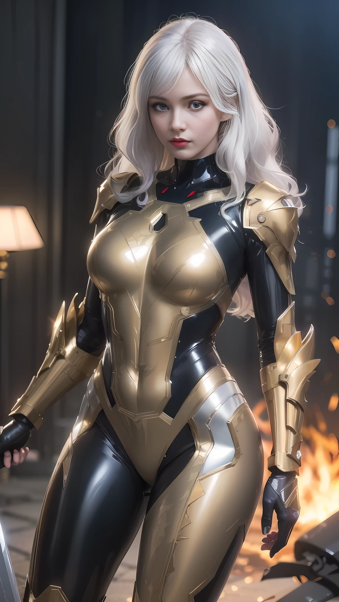 Close up of a woman in a golden and black suit, clear eyes, stunning armor, light gold armor, wearing witch's blade armor, armor girl, smooth golden armor, golden armor set, net set, golden armor, cyber Japanese armor, girl in mecha network armor, net set, network suit, angel golden armor, gold and silver armor set, black and gold armor