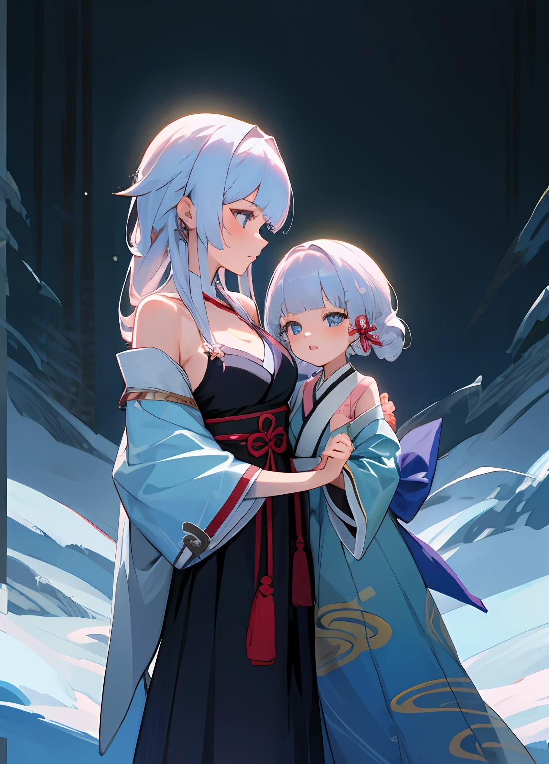 anime image of two women dressed in traditional japanese clothing in snow, white haired deity, characters from azur lane, anime fantasy illustration, from the azur lane videogame, genshin, artwork in the style of guweiz, cultivator detailed art, two beautiful anime girls, mother and child, symbol of maternal love, mother and child, such as photos of mother and child, ((masterpiece,best quality, detailed)), ultra-detailed, detailed hair, hard rim lighting,((dramatic lighting)),sharp focus,mother and daughter, medium breasts, female child(flat chest), holding, ru_qun, (off shoulder), (Hanfu:1.1)