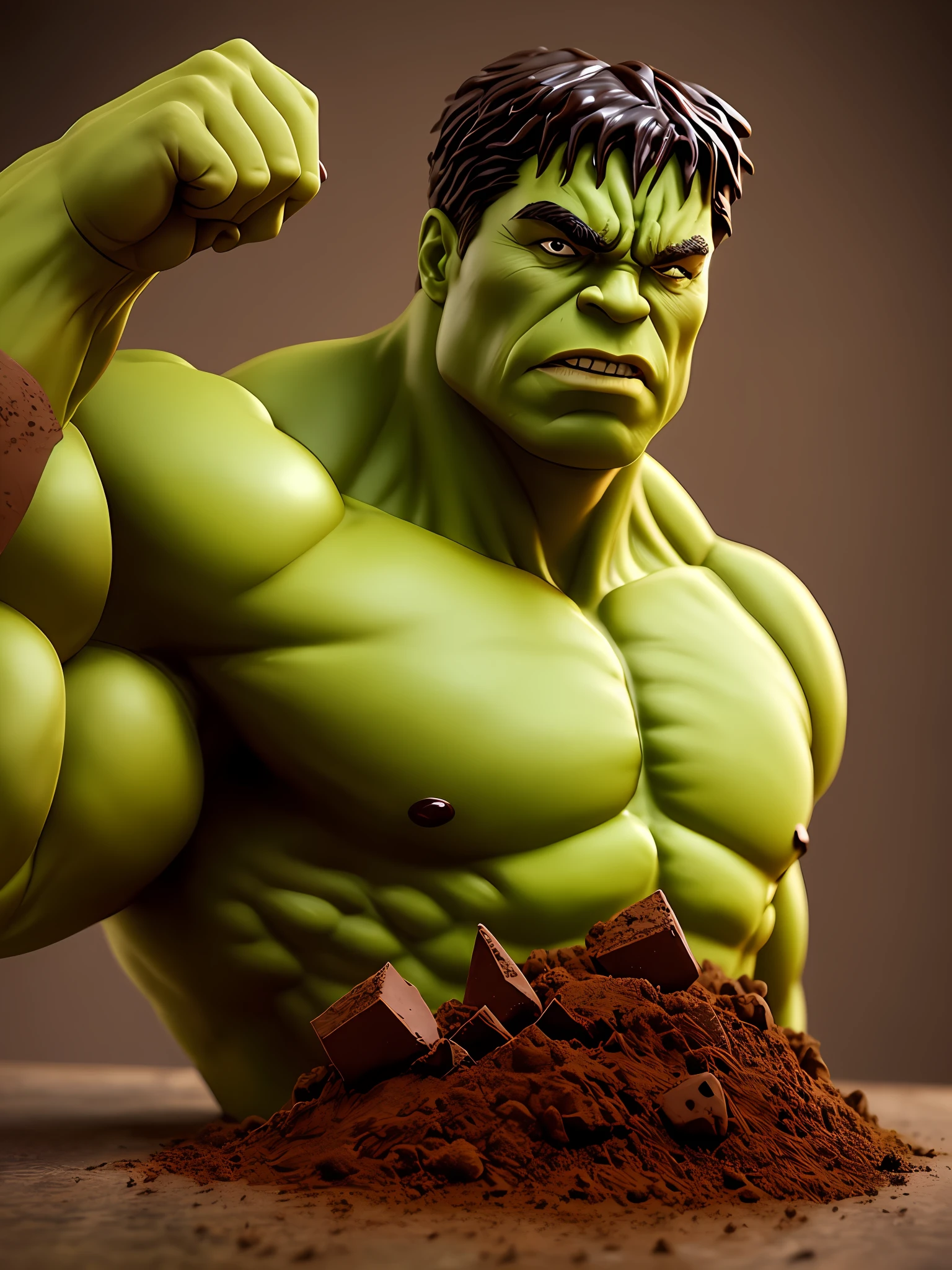 Hulk made of chocolate powder covered in chocolate with a perfect realistic chocolate commercial