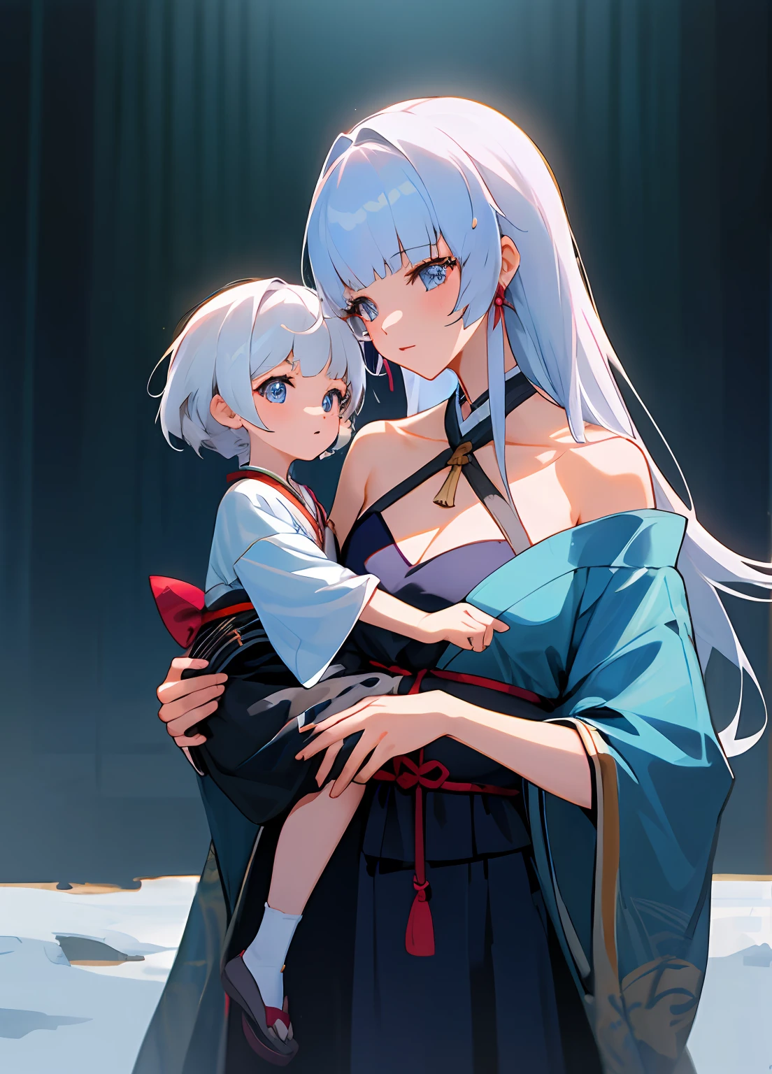 anime image of two women dressed in traditional japanese clothing in snow, white haired deity, characters from azur lane, anime fantasy illustration, from the azur lane videogame, genshin, artwork in the style of guweiz, cultivator detailed art, two beautiful anime girls, mother and child, symbol of maternal love, mother and child, such as photos of mother and child, ((masterpiece,best quality, detailed)), ultra-detailed, detailed hair, hard rim lighting,((dramatic lighting)),sharp focus,mother and daughter, medium breasts, female child(flat chest), holding, ru_qun, (off shoulder), (Hanfu:1.1)