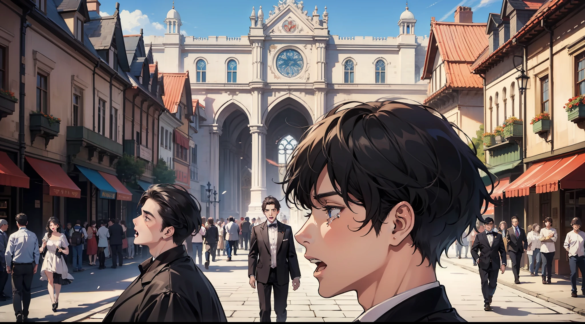 3 men, tears, open mouth, palace, castle, western-style town, square, crowd behind, whole body, looking ahead