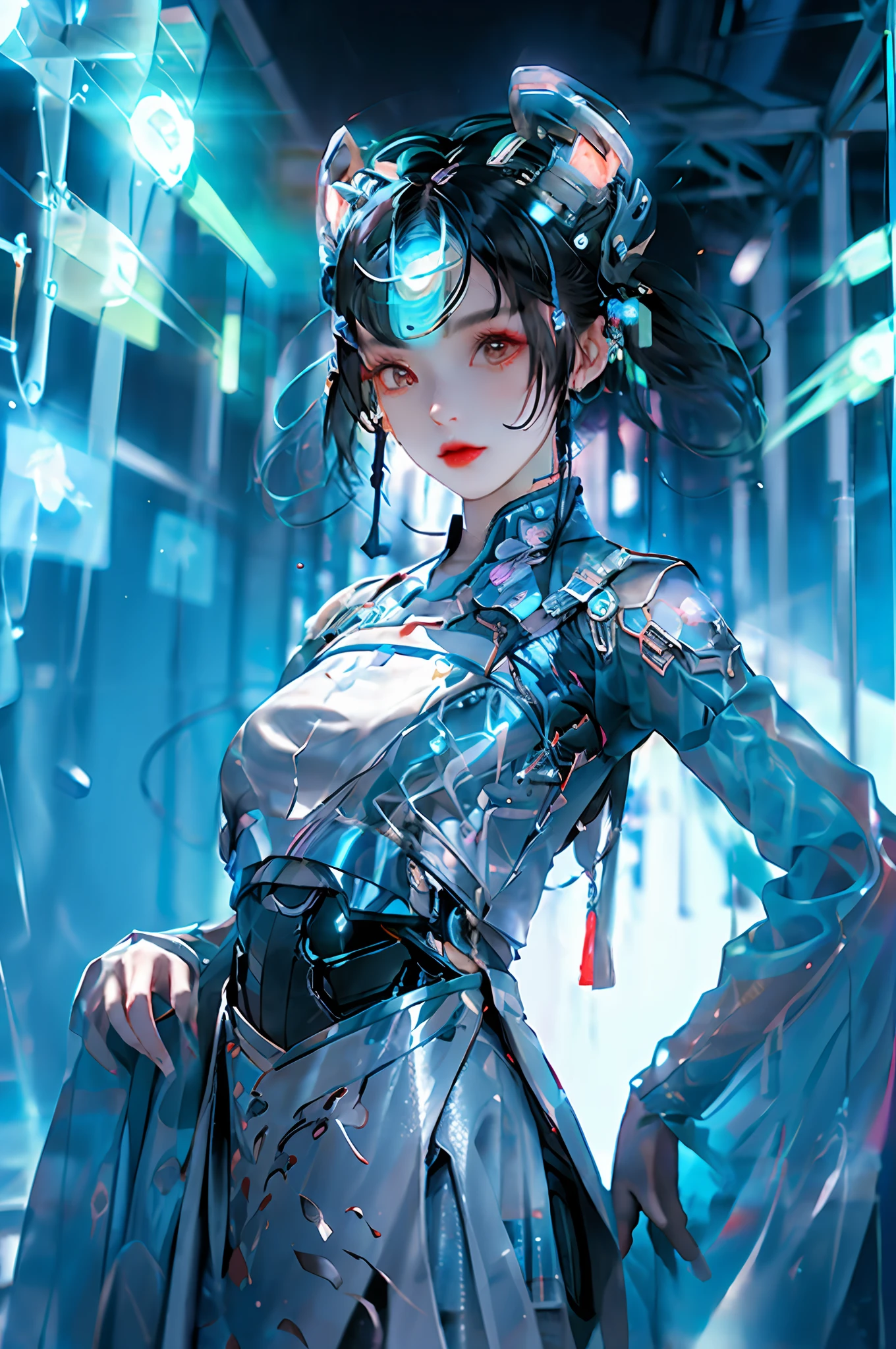(Cyberhanfu, Hanfu, Tang style, futuristic, high-tech city, girl, dynamic pose, hair accessories, long hair, cyberpunk city, holographic halo, fluorescent, headgear, futuristic elements)
