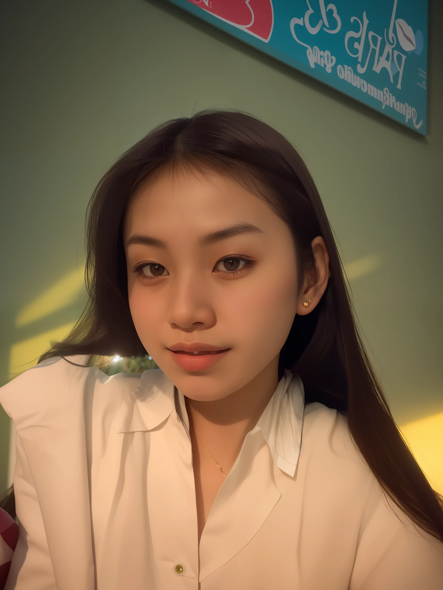 there is a woman sitting in front of a wall with a cell phone, nivanh chanthara, south east asian with round make the woman wear bikini, thawan duchanee, student, nuttavut baiphowongse, with round face, face picture, 18 years old, with long hair, anime thai girl, dang my linh