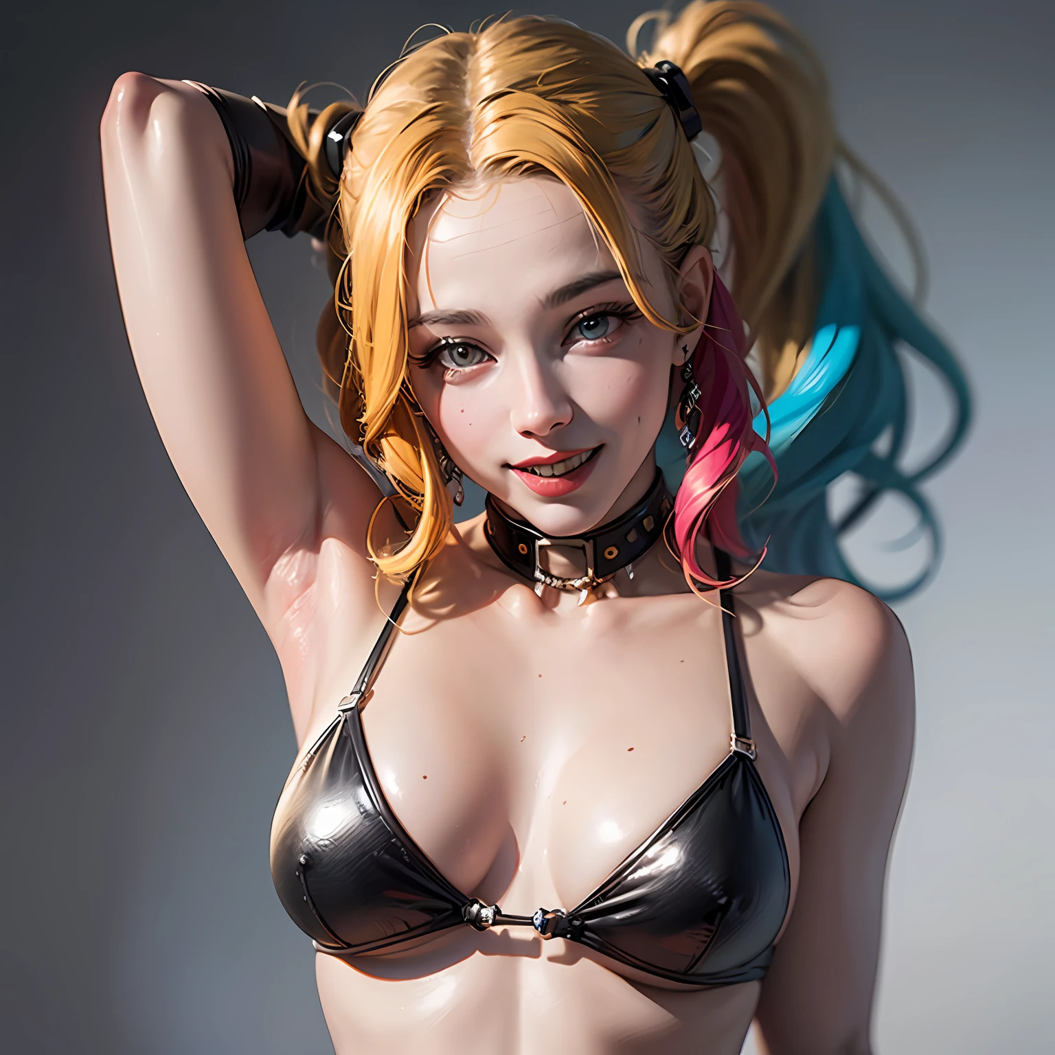 (best quality), (masterpiece), (8k resolution), ultra detailed, photorgraphy, realistic, photorealism, detailed face, detailed hair style, colorful hair, Harley Quinn, colorful bikini, cool pose, smile, laugh, upper body, waist high portrait