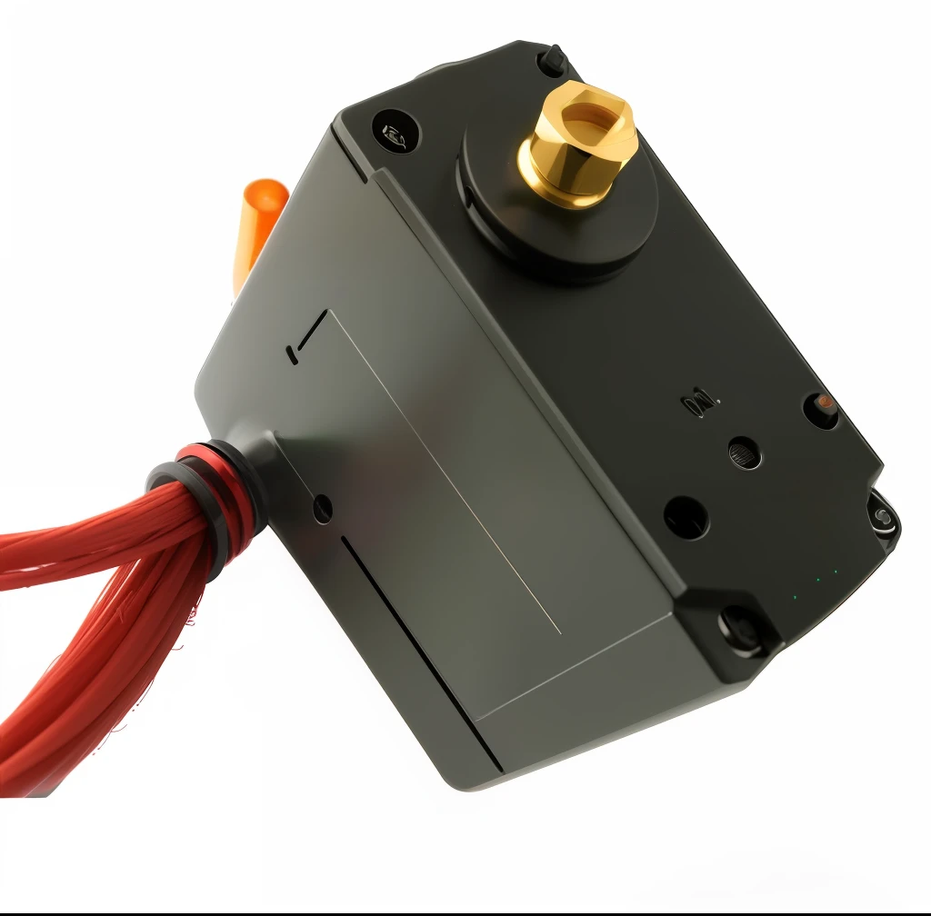 Servos. There is a small black machine with red thread, full humanoid servo, upper view, top view, H 768, H 7 6 8, top view, 8 K H 1 0 2 4, product photo, top side view, detailed image, upper side view, 1 2 0 mm, 120mm, h 1024