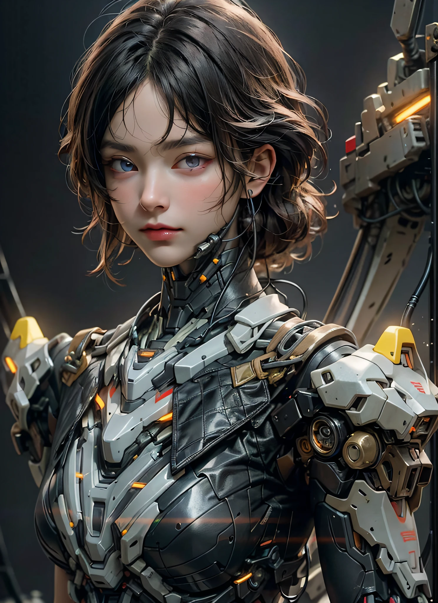 Top Quality, Masterpiece, Ultra High Resolution, (Photorealistic: 1.4), Raw Photo, 1 Girl, Black Hair, Glossy Skin, 1 Mechanical Girl, (Ultra Realistic Detail)), Portrait, Global Illumination, Shadows, Octane Rendering, 8K, Ultra Sharp, Big, Cleavage Exposed Raw Skin, Metal, Intricate Ornament Details, Japan Details, Very intricate details, realistic light, CGSoation trend, purple eyes, glowing eyes, facing the camera, neon details, mechanical limbs, mechanical, standing, wires and cables connecting to the head, gundam, small LED lamps, neon light, 1 Mecha, sharp eyes, human mouth, mecha body, mechanical body, gundam suit,, great hair, straight body mecha, mecha, neon body, helmet, see camera