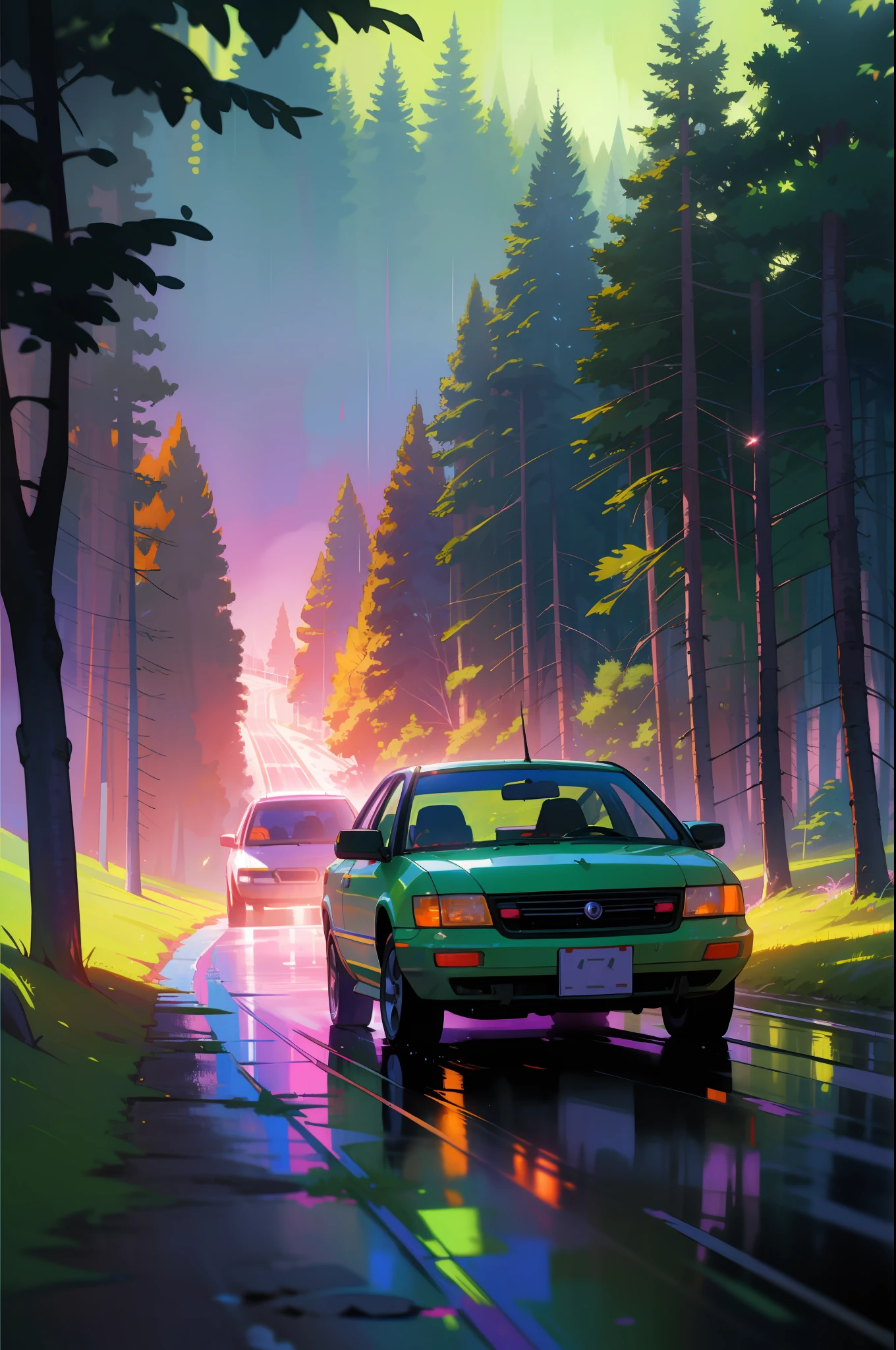 Masterpeace, BestQuality, Car, Forest, Mountains, Wet Road, Auto, Auto, Bright Colors, Volumetric Lighting, Best Shadows, Shallow Depth of Field, (High Quality, Stunning Details: 1.25), Brilliant Colorful Paintings, Whimsical, Magical, Flicker, Highlights, Neon Garland, Details, 8k