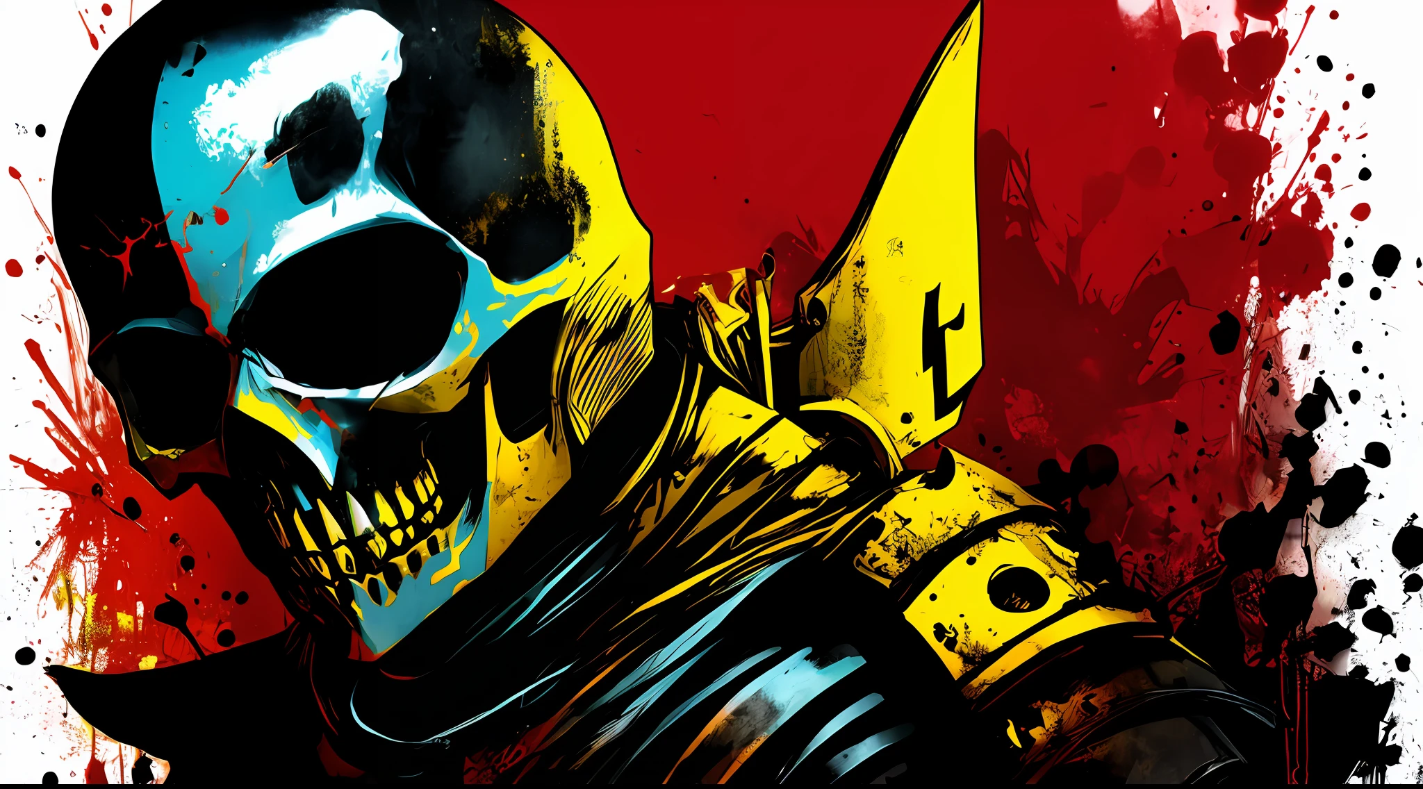 yellow and black, skull face medieval knight, in the style of Mork Borg, strong contrast, grunge dirty punk splash art, zine black metal, punk color splash background