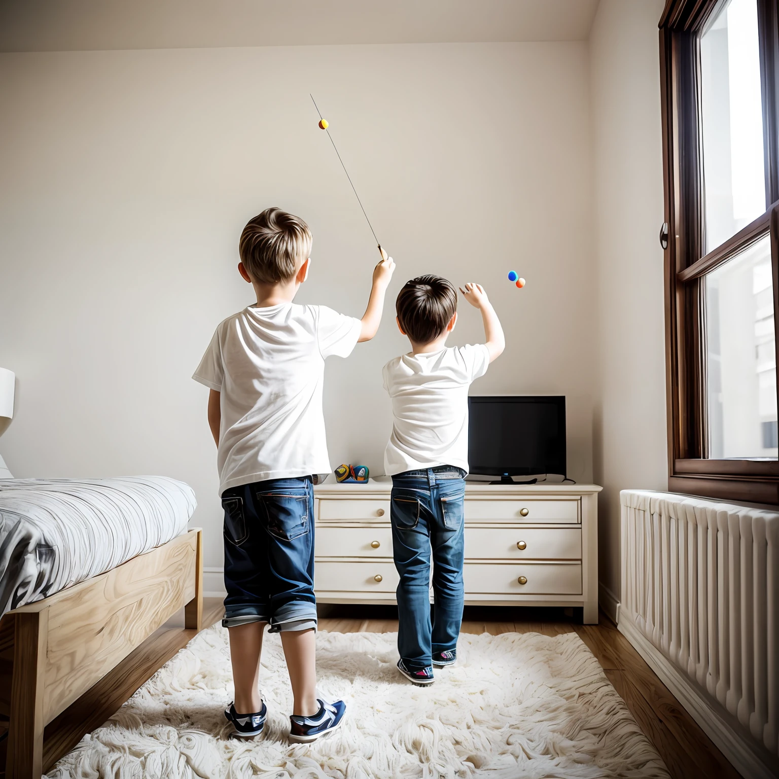 a boy, a girle, Throw darts in the room with your back to the camera, White interior background wall, Intermediate target, Small children on both sides, soft light, wideangle, blonde hair, cinematic lighting, Wide-Angle, Sony FE, f/16, 35mm, highres, high details, 16k