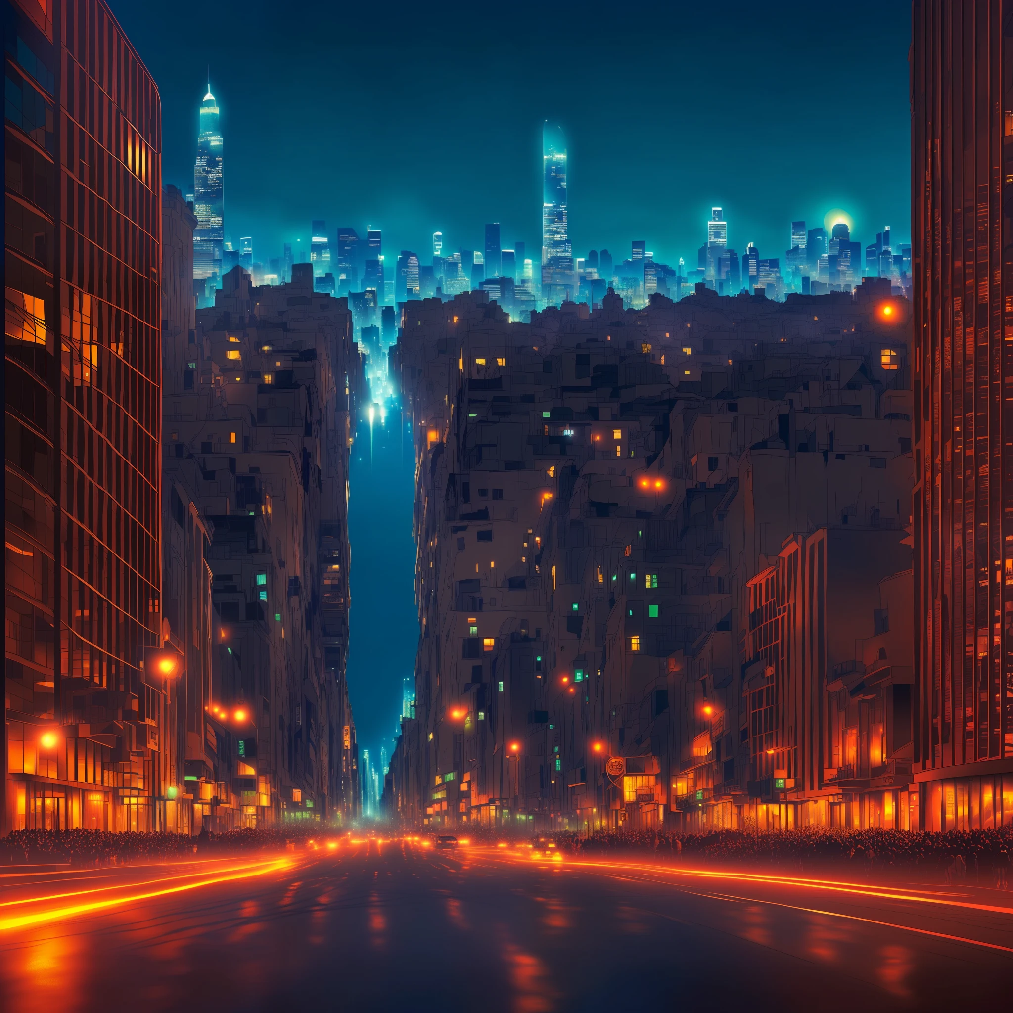 nightcity,((night:1.5)),blue neonlights,(high quality, best quality, hi res), (ultimate phtoreal Concept Art),crowds, high buildings,no streets,sea,skyline, --auto