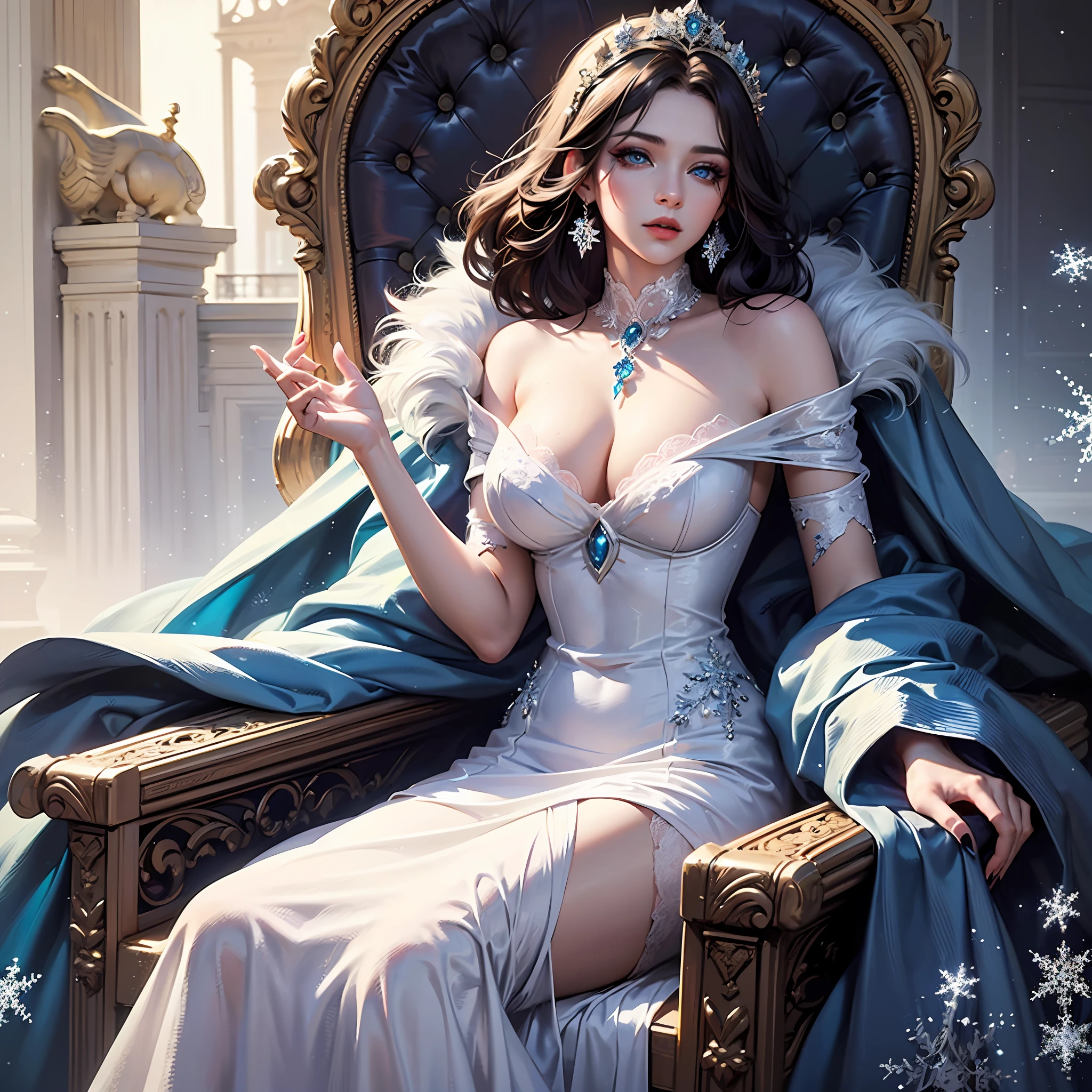 Masterpiece, fantasy art, extremely detailed, vivid colors, 1 girl, ice goddess, sitting on throne, stunning beauty, (big sapphire eyes:1.1), (hair ornament:1.3), (beautiful eyes and face makeup:1.3), (elegant:1.3), open shoulder, open neck, (lace long dress:1.2), see through fabric, rim lighting, intricate background, (ancient royal palace:1.5), moonlight, (snowflakes:1.3)
