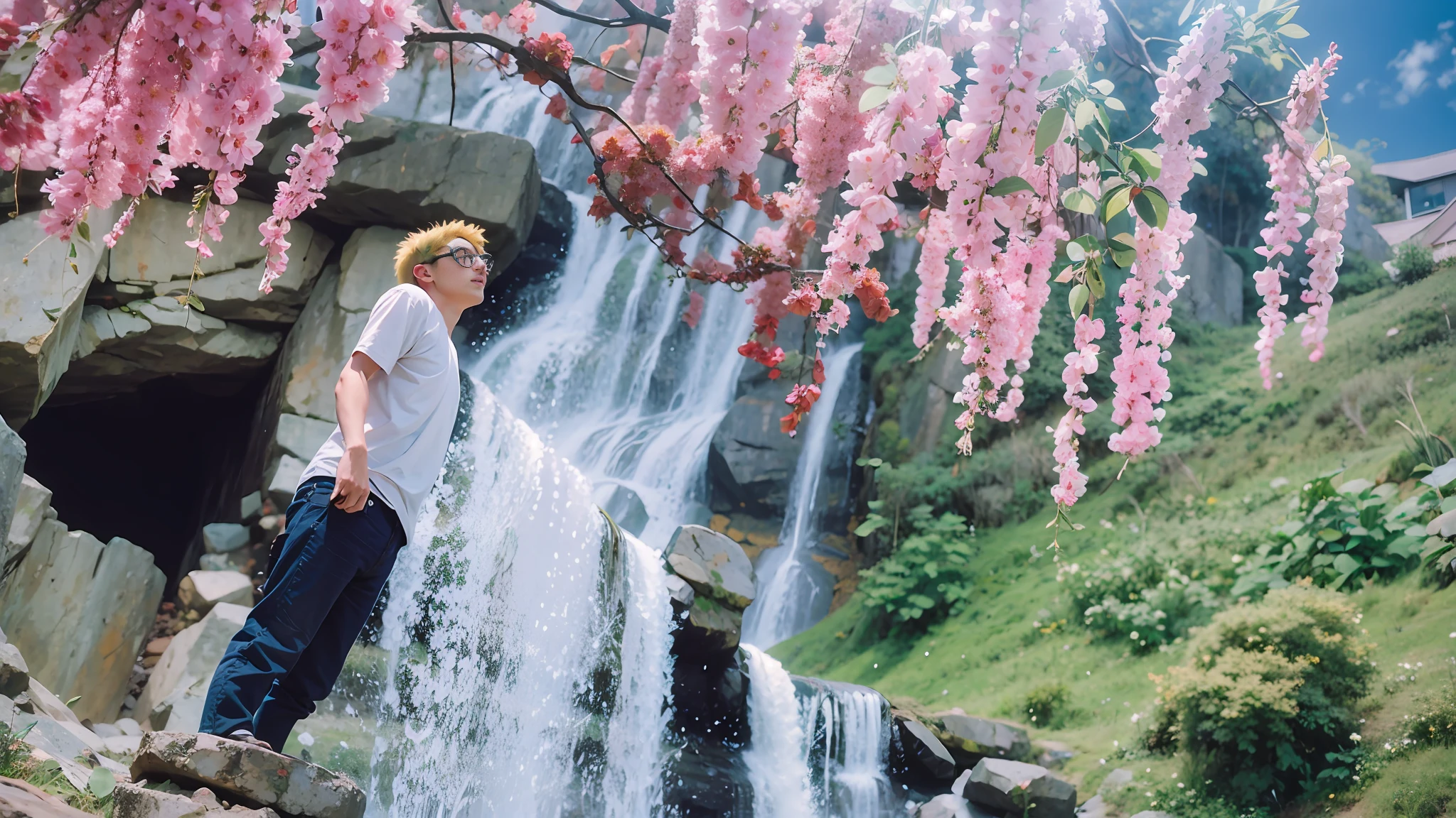 1boy, glasses, yellow hair, looking up, side face, anime key vision, furry landscape [Gondor: Costa Rica: 1], dawn, surreal, peace, Orgolism, Kodak Ektar