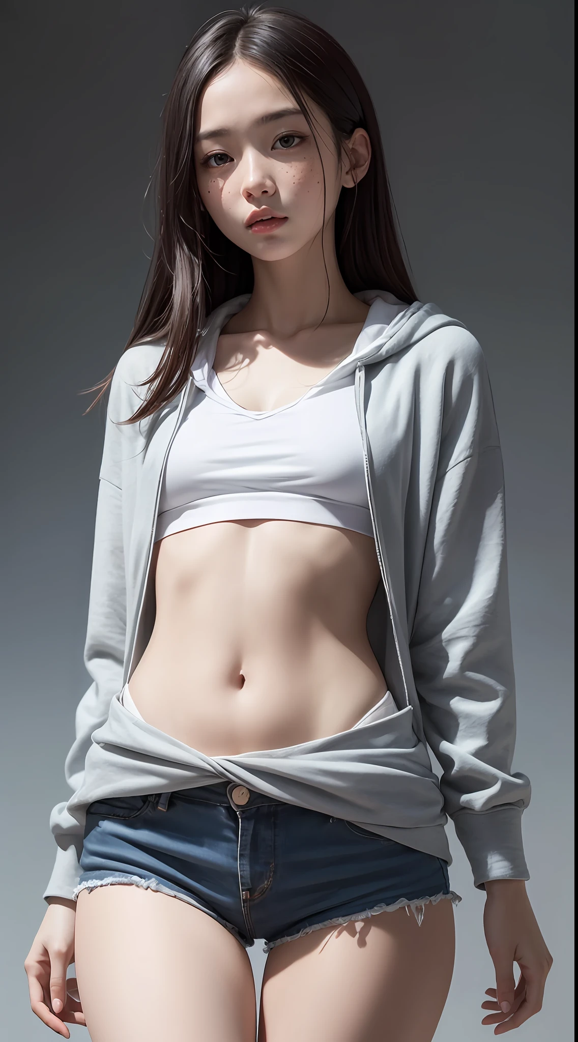 raw photo, intricate details, textured skin, dynamic pose, shot from below, 1girl, asian, pale skin, white long hair, blue eyes, freckles all over body, black oversized hoodie, small waist, (wide thigh gap:1.2), gray gradient background, best quality, 16k, masterpiece