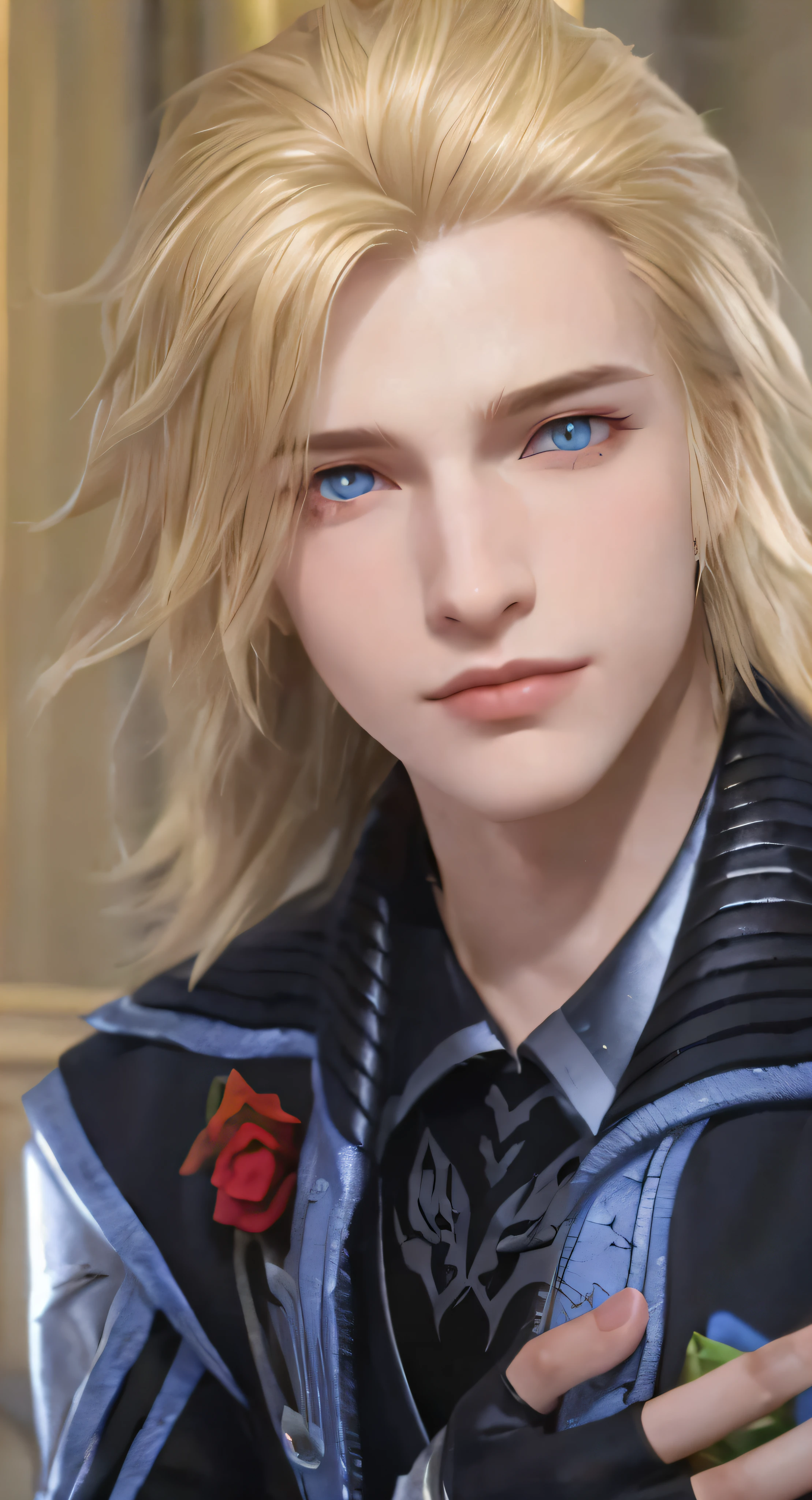a close up of a person with blonde hair and blue eyes, final fantasy face, from final fantasy, style of final + fantasy + 1 5, johan liebert mixed with alucard, final fantasy character, beautiful androgynous prince, delicate androgynous prince, johan liebert mixed with dante, final fantasy style, from ff7, xqc