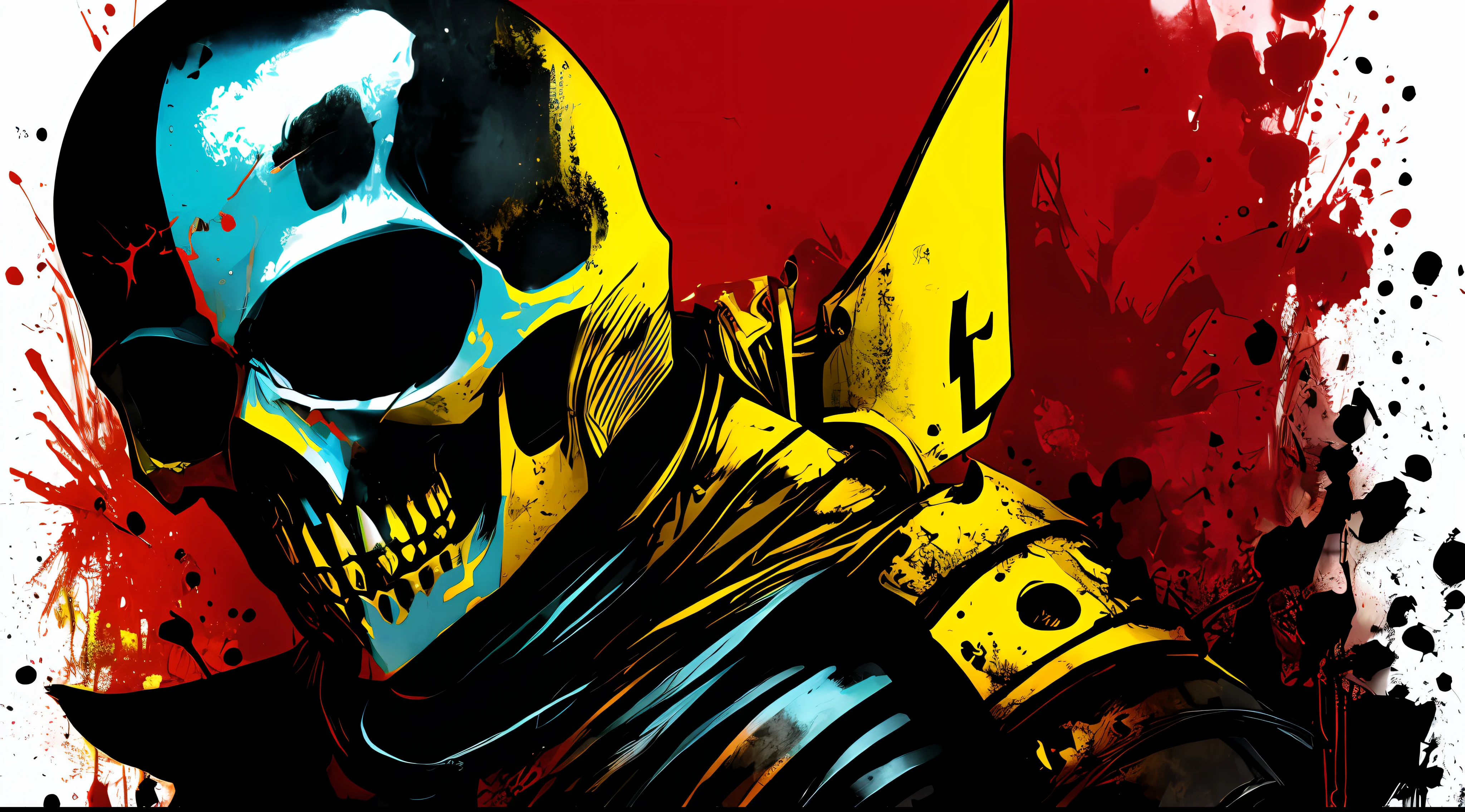 yellow and black, skull face medieval knight, in the style of Mork Borg, strong contrast, grunge dirty punk splash art, zine black metal, punk color splash background