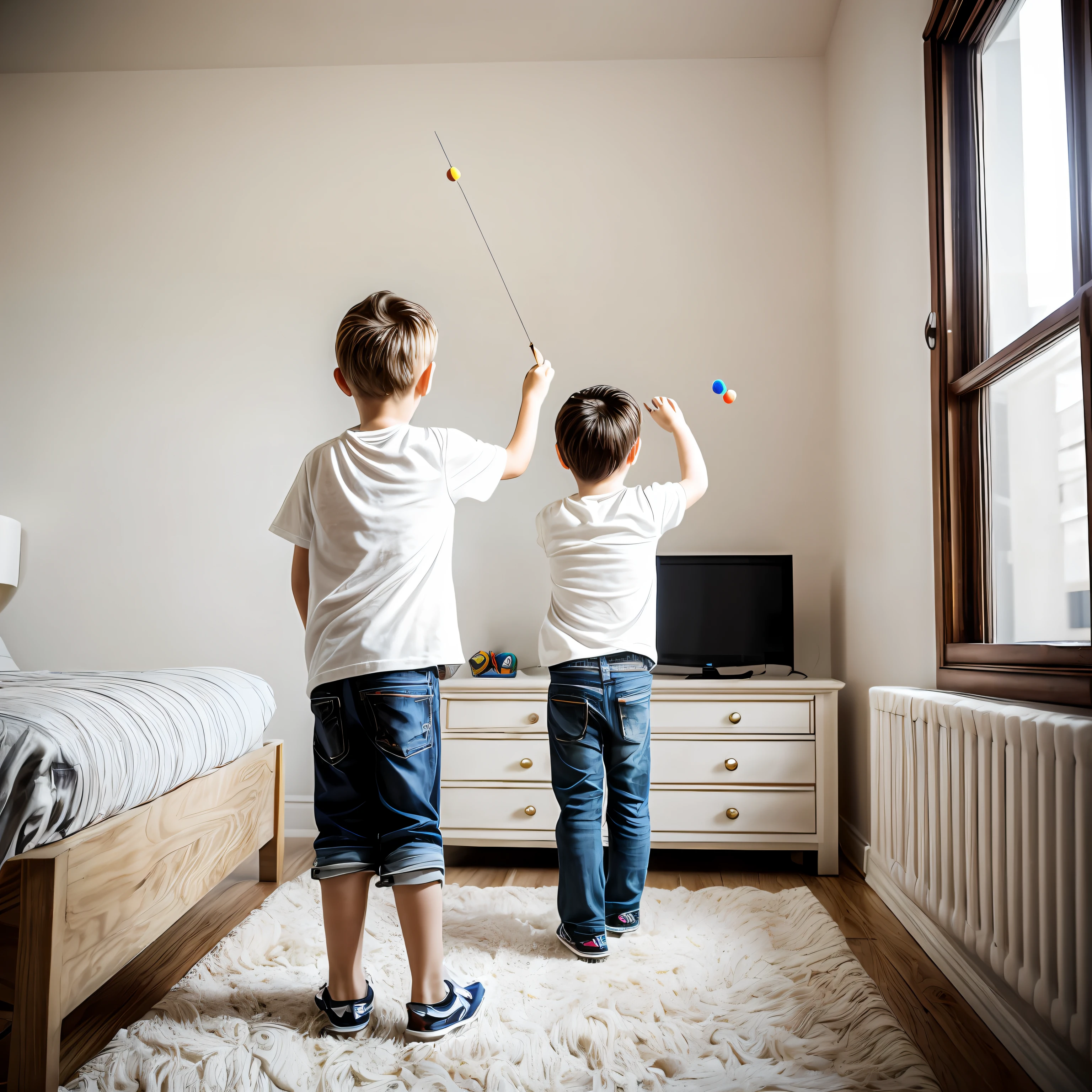 a boy, a girle, Throw darts in the room with your back to the camera, White interior background wall, Intermediate target, Small children on both sides, soft light, wideangle, blonde hair, cinematic lighting, Wide-Angle, Sony FE, f/16, 35mm, highres, high details, 16k