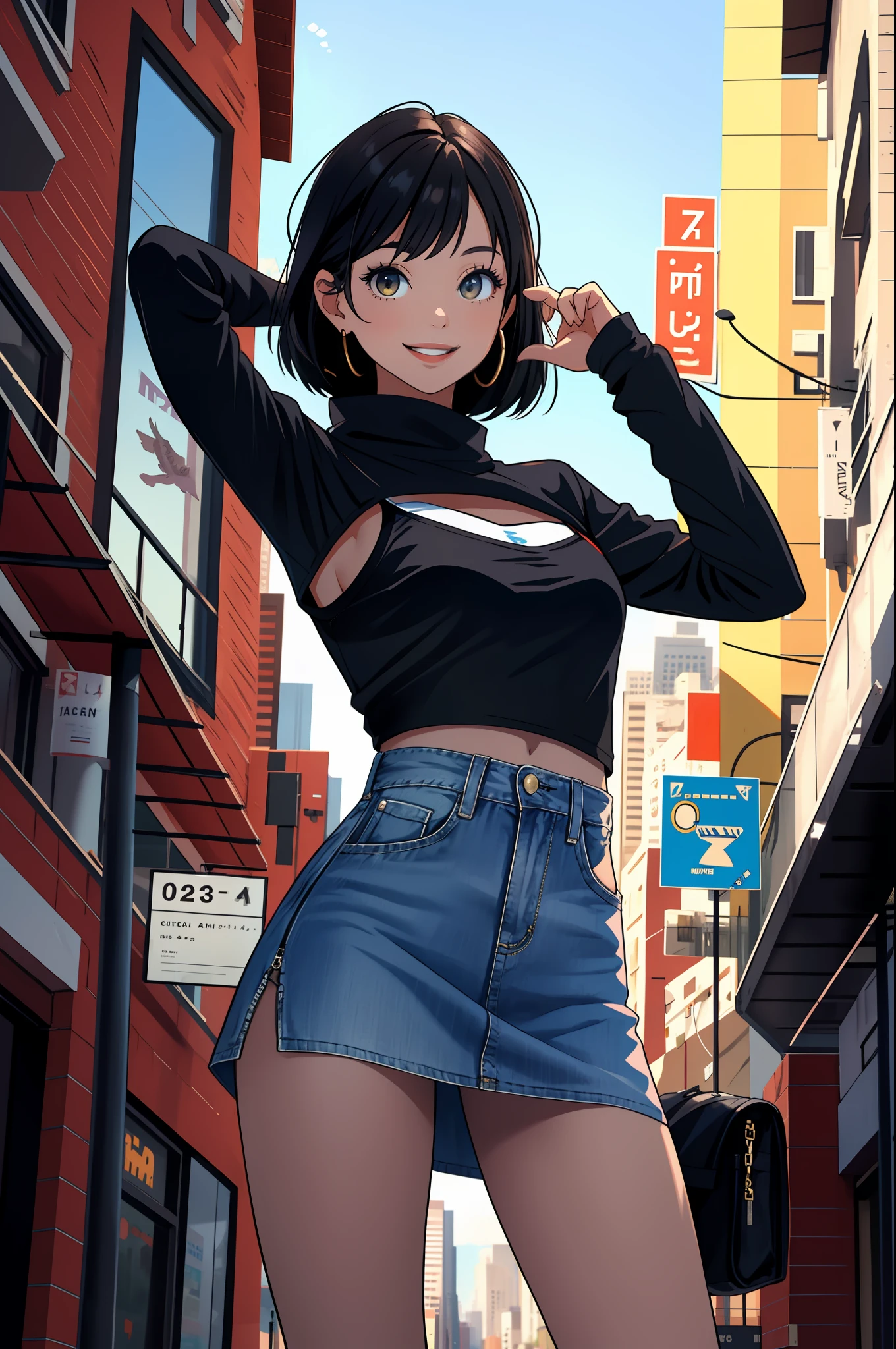 masterpiece, Top Quality, Absurdity, Perfect Anatomy, One Girl, Solo, Shrug \(clothing\), Long sleeve, Miniskirt, Standing, City, Outdoors, Cowboy shot, Smile, Black hair