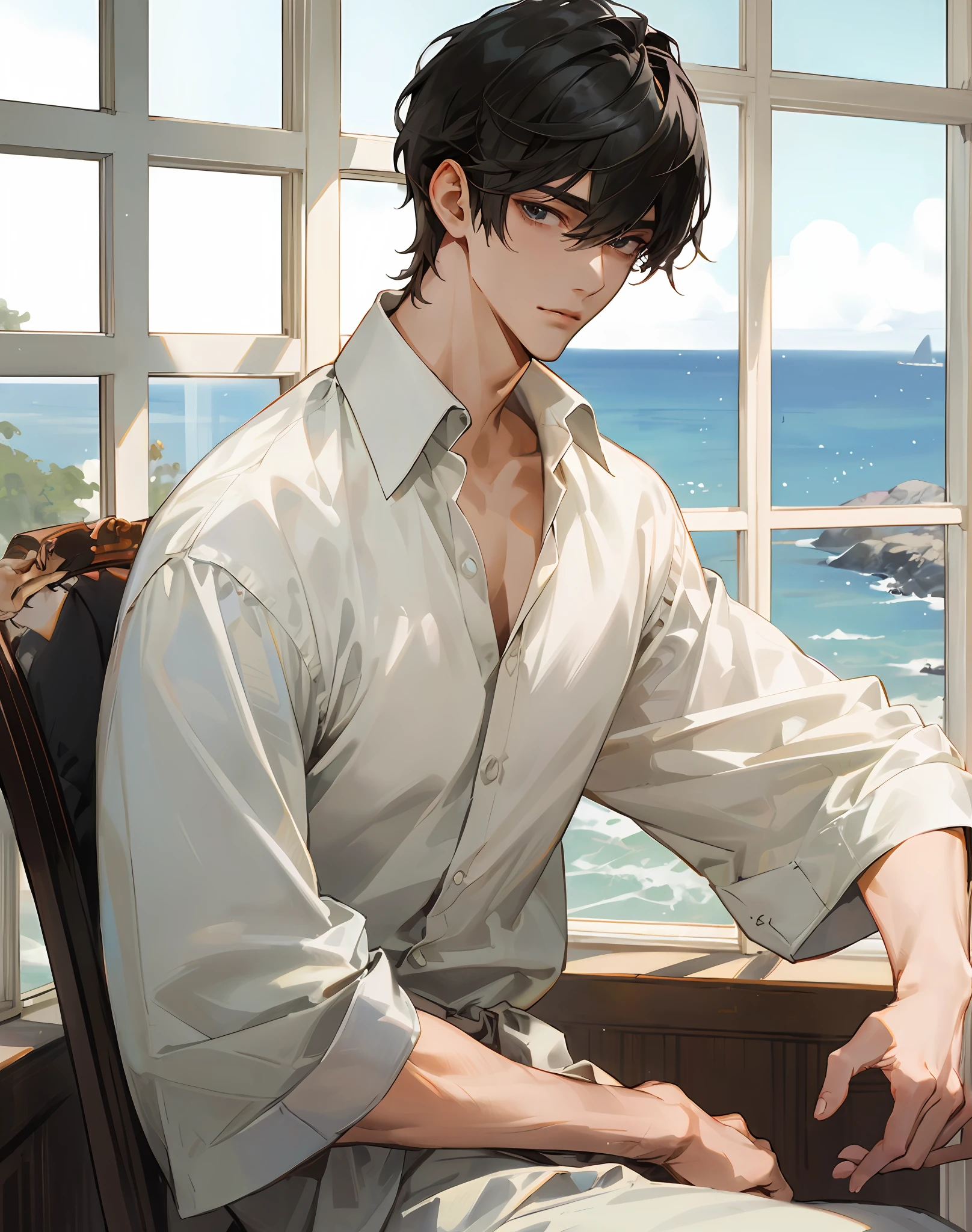((Masterpiece, top quality)), window with a view of the sea outside, adult, male 1, handsome and tall muscular man, broad shoulders, delicate eyes and delicate face, sitting, black hair, black V-neck, detailed background