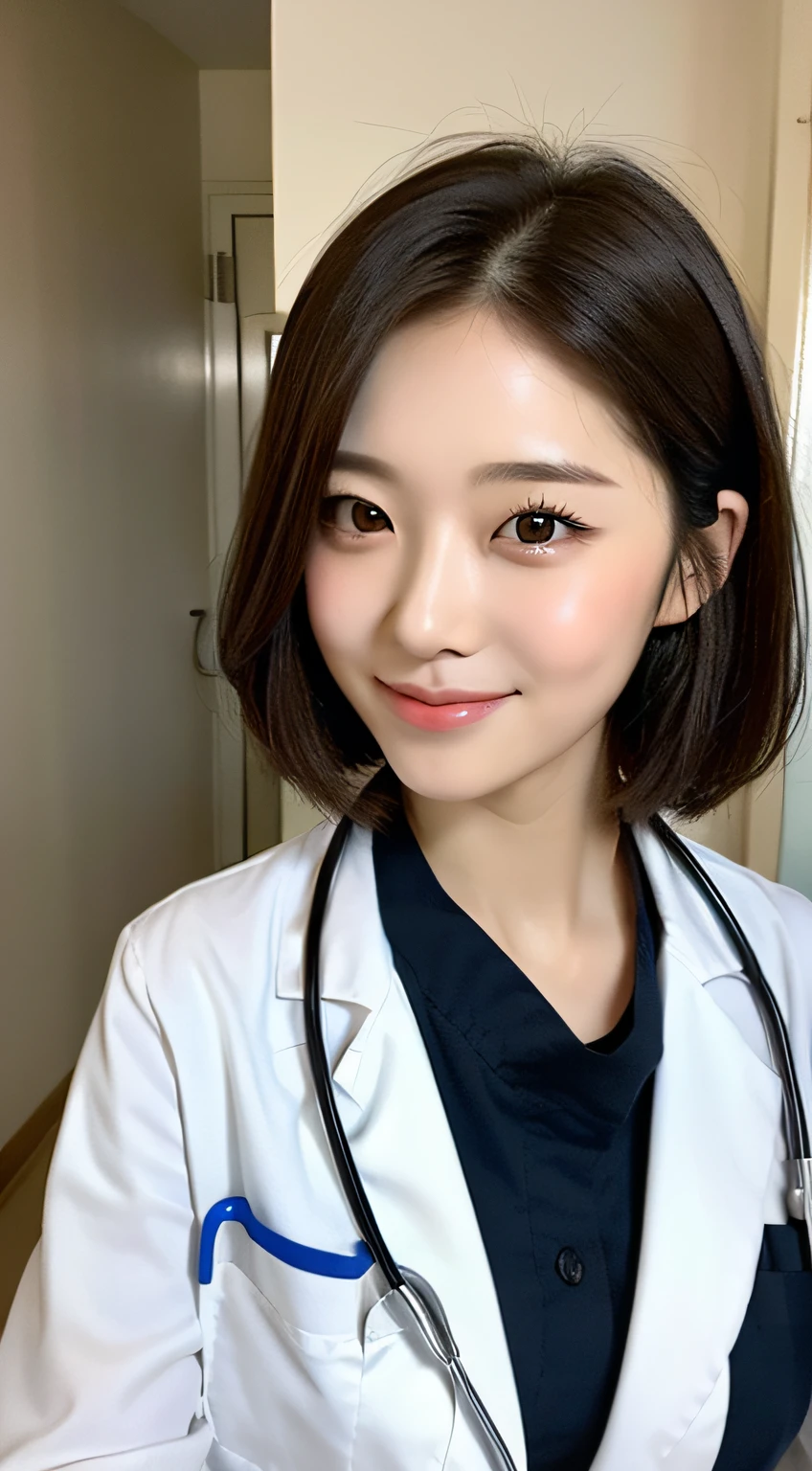 ((Top Quality, 8k, Masterpiece: 1.3)), Sharp Focus, One Girl, Slim Beauty: 1.2, Brown Hair, Delicate Hair, (Big: 1.5), (Layered), (Short Cut), Detailed Eyes, Double Eyelids, Pretty Smile, Close Mouth (Cute), Soft Skin, Body Full Body, Ultra Realistic, Detailed Hospital Room, (Cute Short-haired Female Doctor Coming for Detailed Rounds), ( Detailed female doctor's uniform), upper eyes