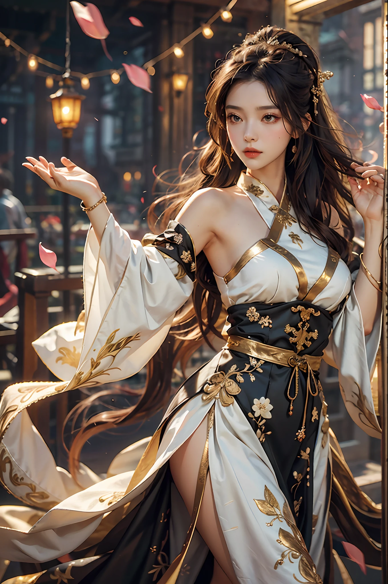 Superb Quality, Masterpiece, High Resolution, (Exquisite Body: 1.5), Beauty, Bare Shoulders, Extra Large Breasts (2.5) Wide Buttocks, Thin Waist, Stunning Beauty, (Milky Skin: 1.3), Exquisite Details, High Resolution, Wallpaper, 1 Woman, Solo, Dress, Hair Accessories, (((Golden Black Dress)) ), Flower, Long Hair, Brown Hair, Shut Up, Accessories, Long Sleeves, Raised Hands, Wide Sleeves, Big Eyes, Flowing Hair, Hanfu, Hanfu, Embroidery, Long Dress, Natural Pose, Falling Petals, Indoor, Fanning, Lantern, 16K, HDR, High resolution, depth of field, (film grain: 1.1), Bocon, prime time, (lens flare), vignetting, rainbow, (color grading: 1.5)