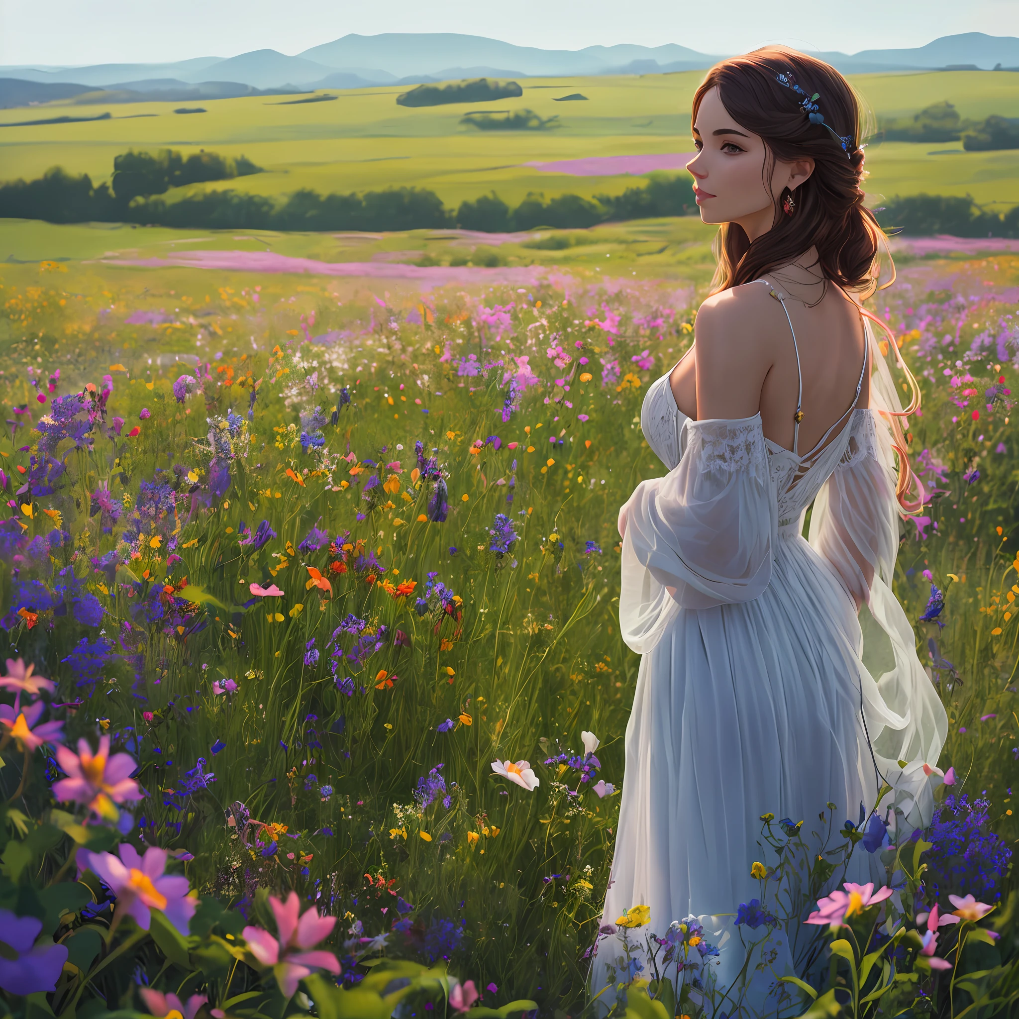 "Capture the essence of professional photography with a stunning bohemian woman1, gracefully posing amidst a vibrant field of wildflowers2. Let the gentle sunlight3 delicately illuminate her captivating features, creating an enchanting visual masterpiece4. Unleash the power of 4K resolution and bring this extraordinary moment to life5." --auto