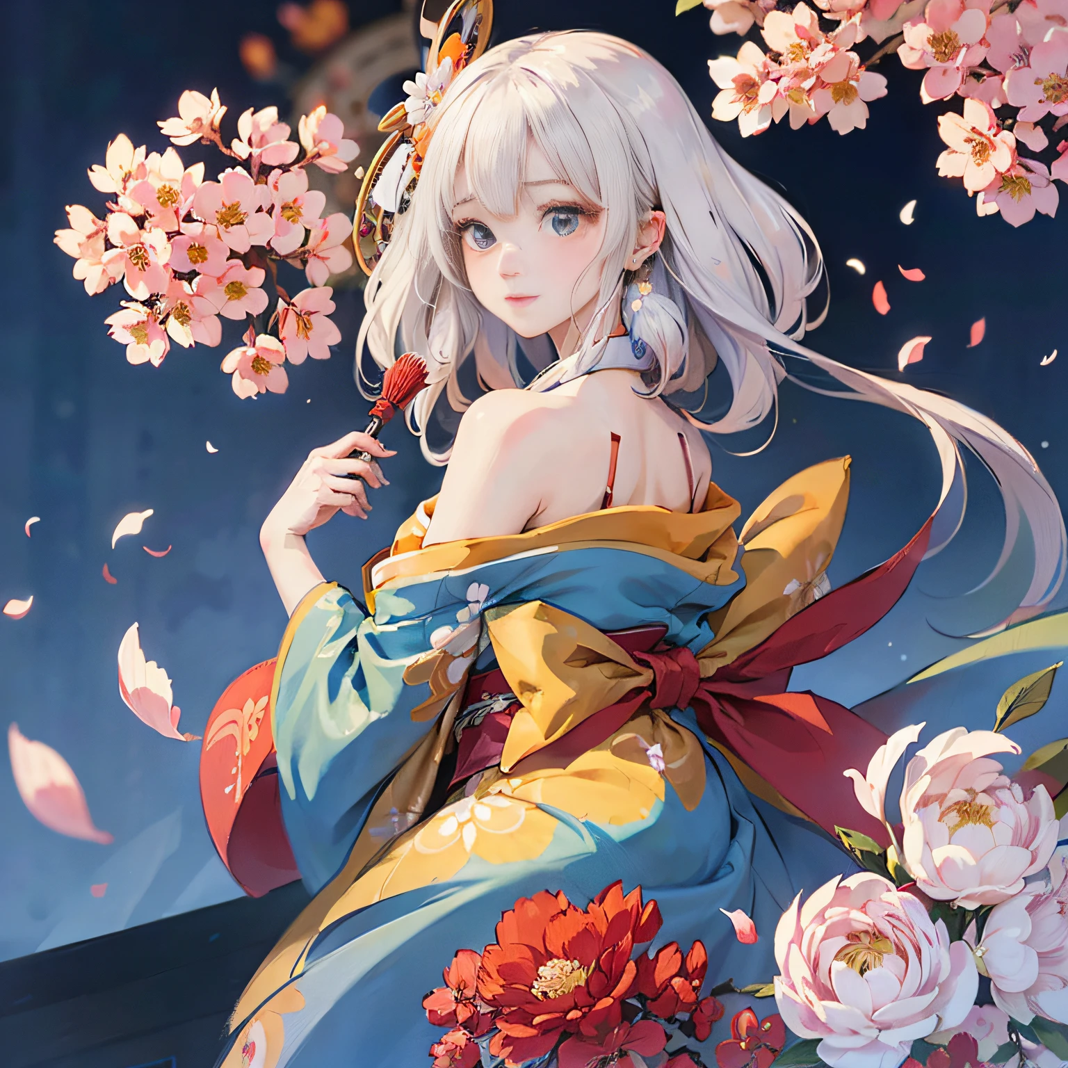 Mature girl, orange pupils, blue-white hair color, floating hair, delicate and smart eyes, intricate brocade kimono, holding Japanese taiko, FOV, f/1.8, masterpiece, Japanese architecture, blue sky, flower petals flying, front portrait shot, Chang'e, side light, sunlight shining on people. 8K --auto