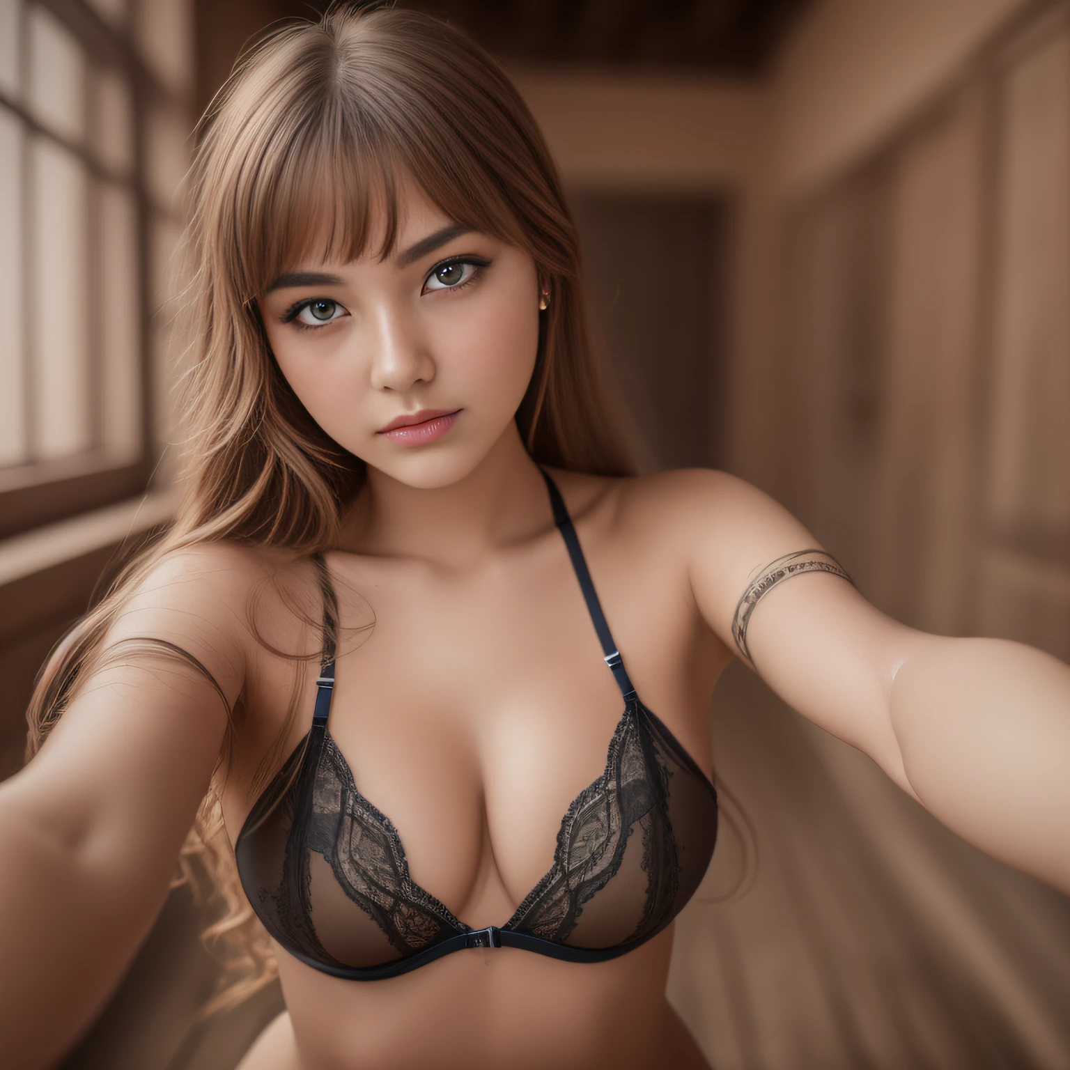 8K,Best quality, masterpiece, ultra high res, (photorealistic:1.4), raw photo, (Authentic skin texture:1.3), (film grain:1.3), (selfie angle), 1girl, beautiful detailed eyes and face,masterpiece, best quality, upper bod, lingerie, curvy, ample breast