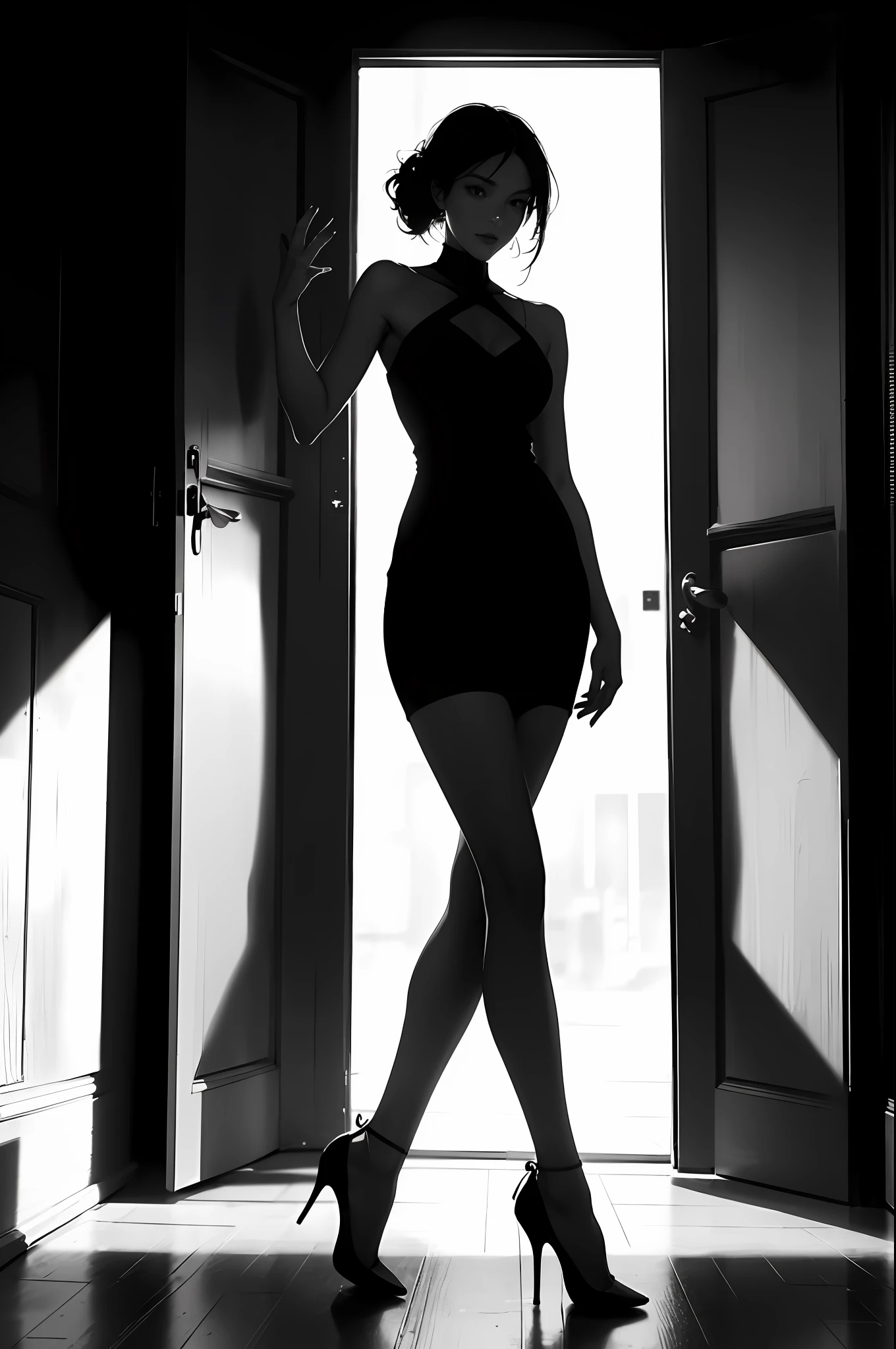 Arapei silhouette a woman standing in doorway in high heels, perfect female body silhouette, beautiful female body silhouette, silhouette !!, silhouette, tall slender, black silhouette, (silhouette: 7), silhouette, silhouette, woman silhouette, sultry and beckoning, slender figure, single silhouette, young sexy elegant, detailed silhouette, black and white