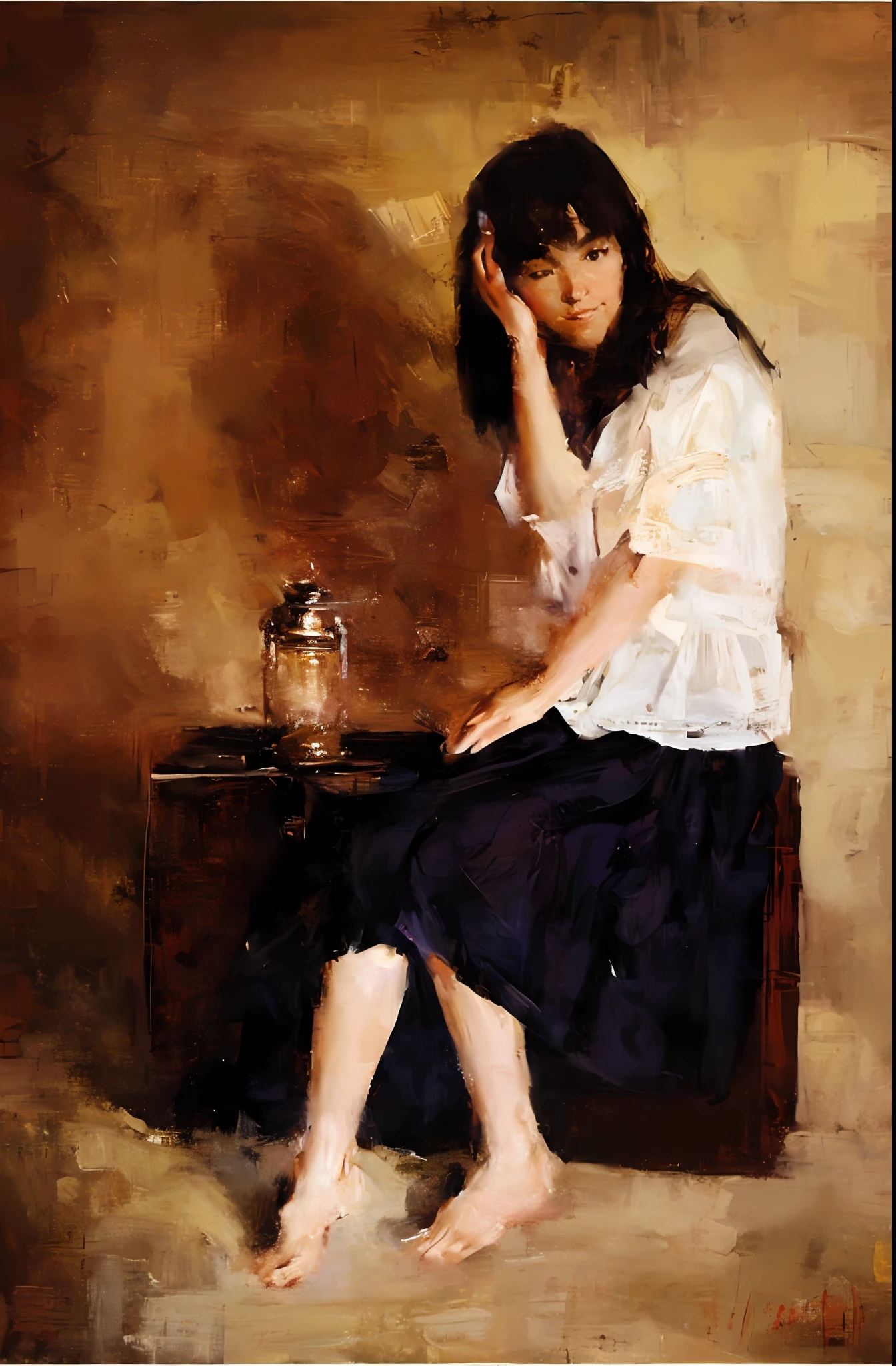 The light is dim, the oil painting is light in color, realistic oil painting, the reflection is school, the pixels are low,