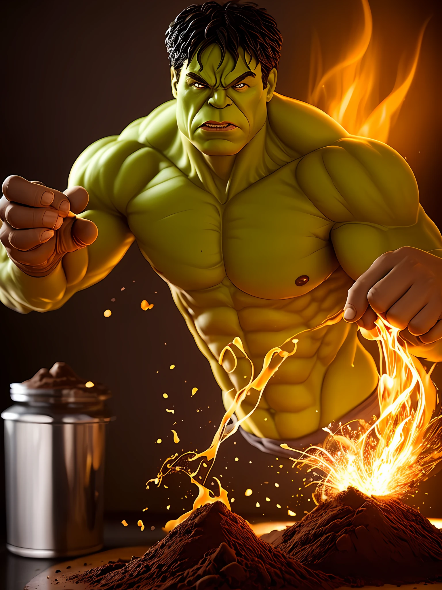 Hulk made of chocolate powder covered in chocolate with a realistic chocolate commercial, perfect chocolate powder making swirl around the Hulk in a magical and illuminated way;