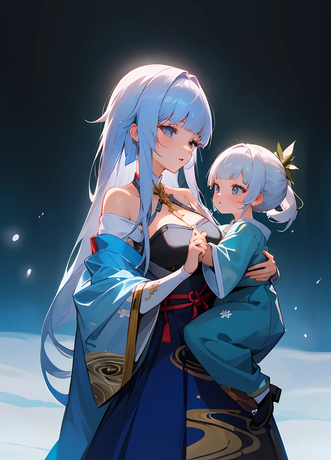 anime image of two women dressed in traditional japanese clothing in snow, bluish white hair, characters from azur lane, anime fantasy illustration, from the azur lane videogame, genshin, artwork in the style of guweiz, cultivator detailed art, two beautiful anime girls, mother and child, symbol of maternal love, mother and child, such as photos of mother and child, ((masterpiece,best quality, detailed)), ultra-detailed, detailed hair, hard rim lighting,((dramatic lighting)),sharp focus,mother and daughter, medium breasts, female child(flat chest), holding, ru_qun, (off shoulder), (Hanfu:1.1)