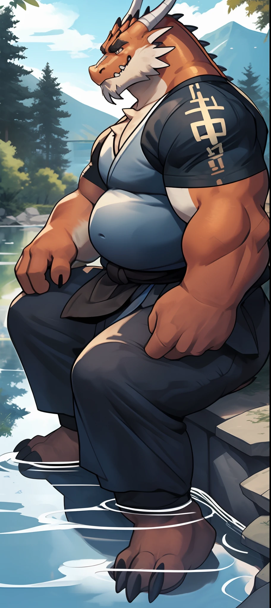 anthro, male, old chubby Dragon, (Red Dragon), (detailed eyes), detailed clothing, big fat. overweight, white beard, Samurai clothes, lake background, winding, sitting meditation on water (wild_long_Beard), (mustache), pov side view,, (wide dynamic view)