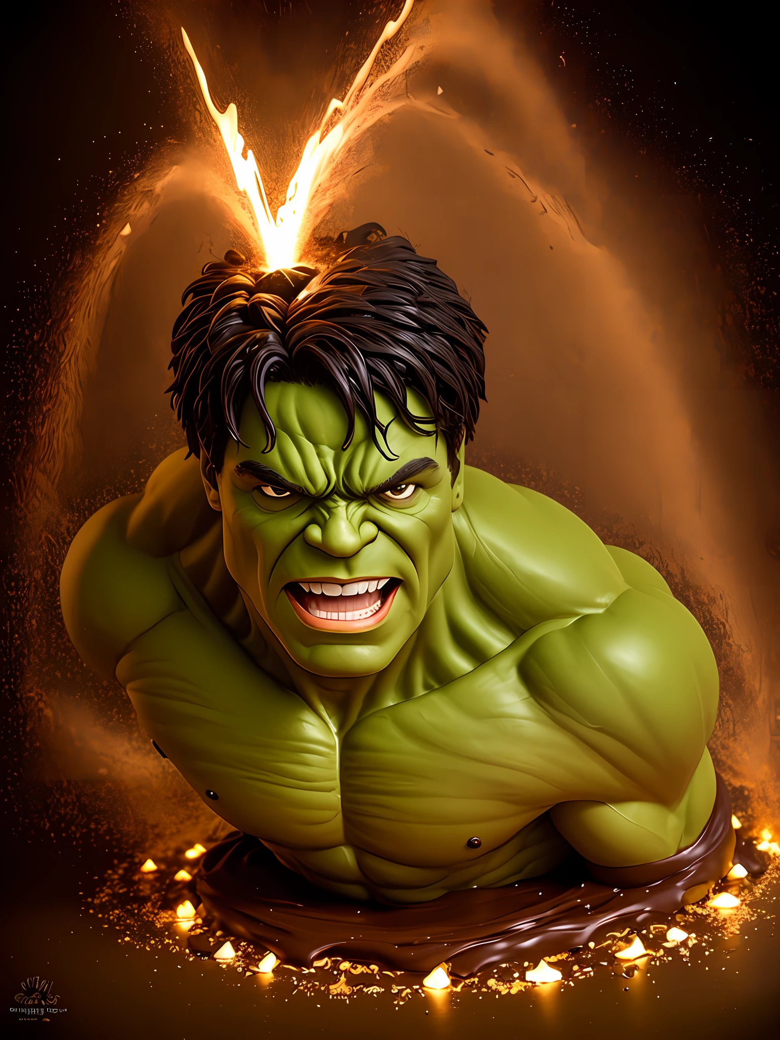 Hulk made of chocolate powder covered in chocolate with a realistic chocolate commercial, perfect chocolate powder making swirl around the Hulk in a magical and illuminated way;
