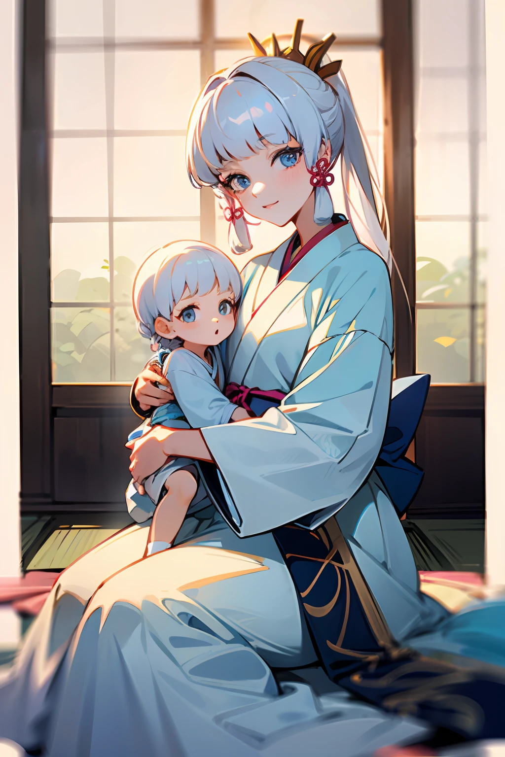 there is a woman and a child sitting on a white rug, white hanfu, with a kid, maternal photography 4 k, mother, White hair, pale milky white porcelain skin, white hime cut hairstyle, in white clothes, hanfu, #oc, # oc, high quality portrait, motherly, palace , a girl in hanfu, with backdrop of natural light, sitting on the terrace of a Japanese house