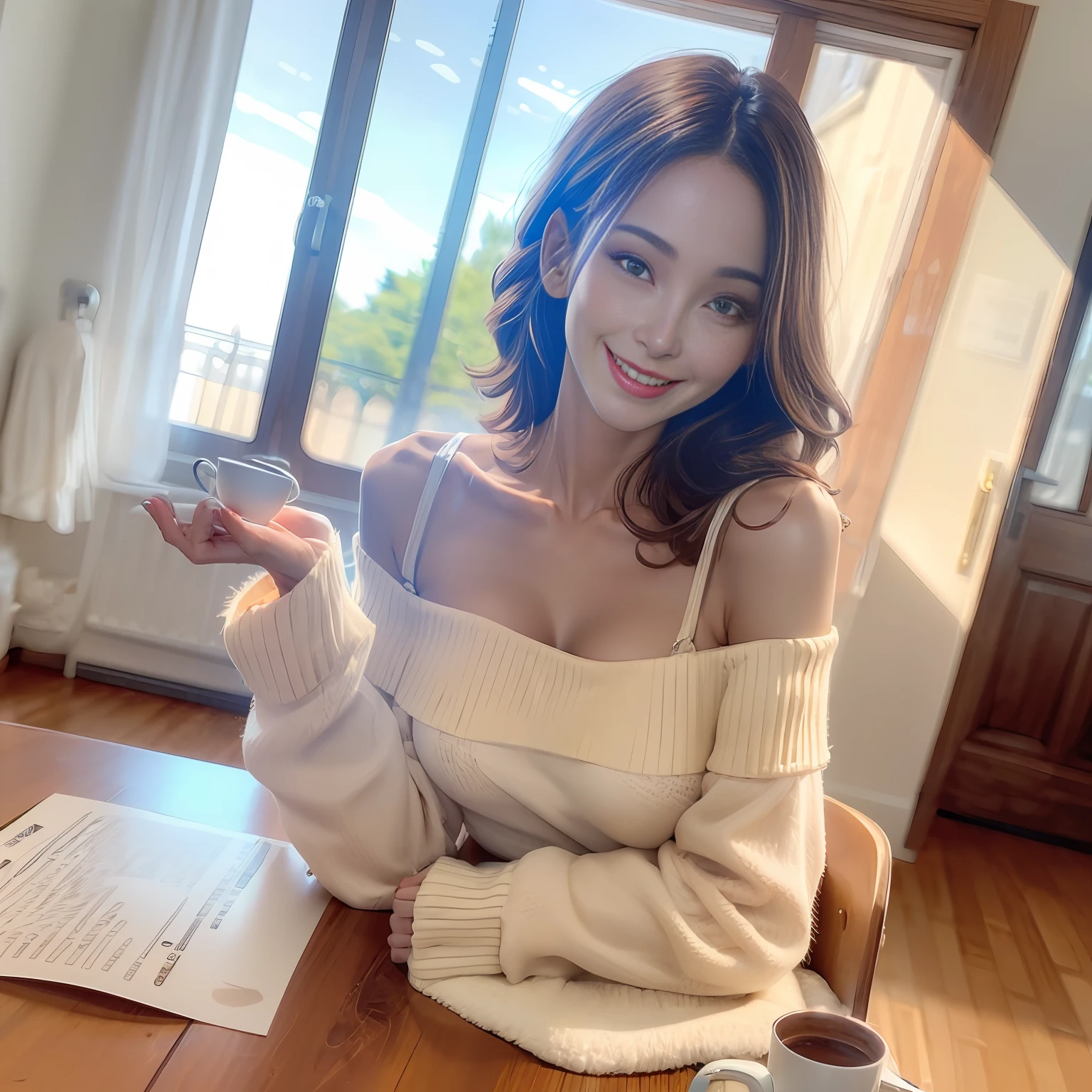 best quality, masterpiece, ultra high res, photorealistic, 1girl, offshoulder, smile