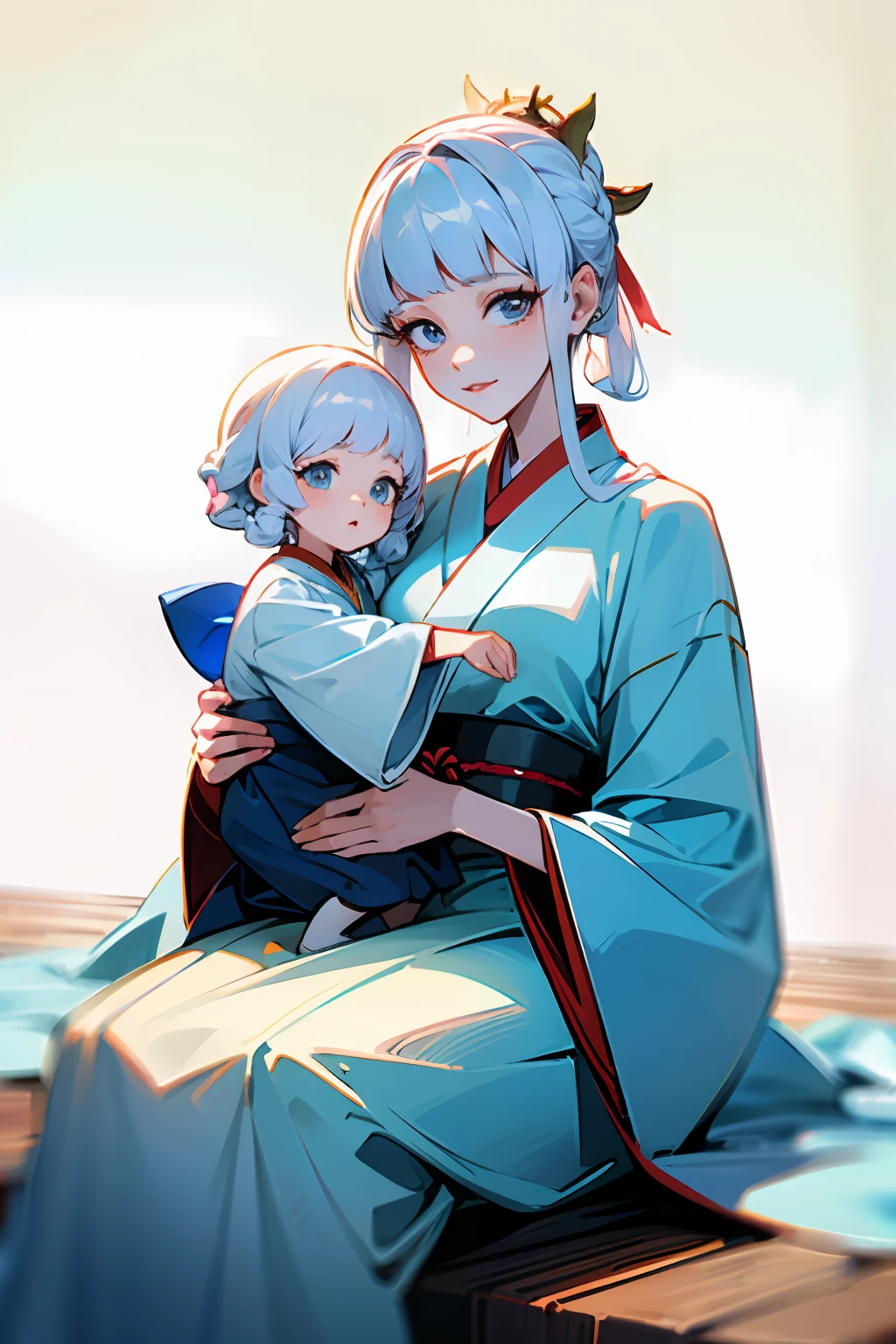 there is a woman and a child sitting on a white rug, white hanfu, with a kid, maternal photography 4 k, mother, White hair, pale milky white porcelain skin, white hime cut hairstyle, in white clothes, hanfu, #oc, # oc, high quality portrait, motherly, palace , a girl in hanfu, with backdrop of natural light, sitting on the terrace of a Japanese house, 2 small children