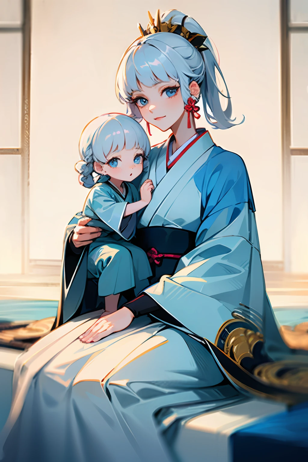 there is a woman and a child sitting on a white rug, white hanfu, with a kid, maternal photography 4 k, mother, White hair, pale milky white porcelain skin, white hime cut hairstyle, in white clothes, hanfu, #oc, # oc, high quality portrait, motherly, palace , a girl in hanfu, with backdrop of natural light, sitting on the terrace of a Japanese house, 2 small children