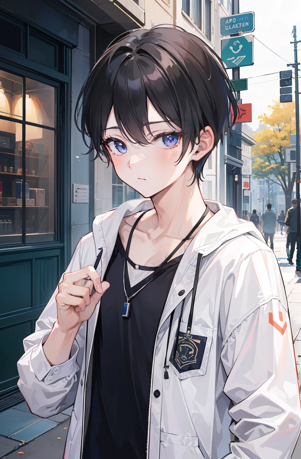(1 boy:1.5), chest pat, // black hair, street, (maple: 1.1), campus