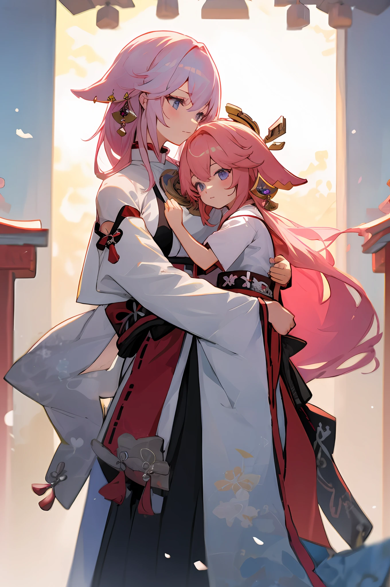 anime image of two women dressed in traditional japanese clothing in japanese shrine, palace  a girl in hanfu, wlop and sakimichan, white haired deity, characters from azur lane, anime fantasy illustration, from the azur lane videogame, genshin, artwork in the style of guweiz, miko detailed art, two beautiful anime girls, pink hair, mother and child, pray at the shrine