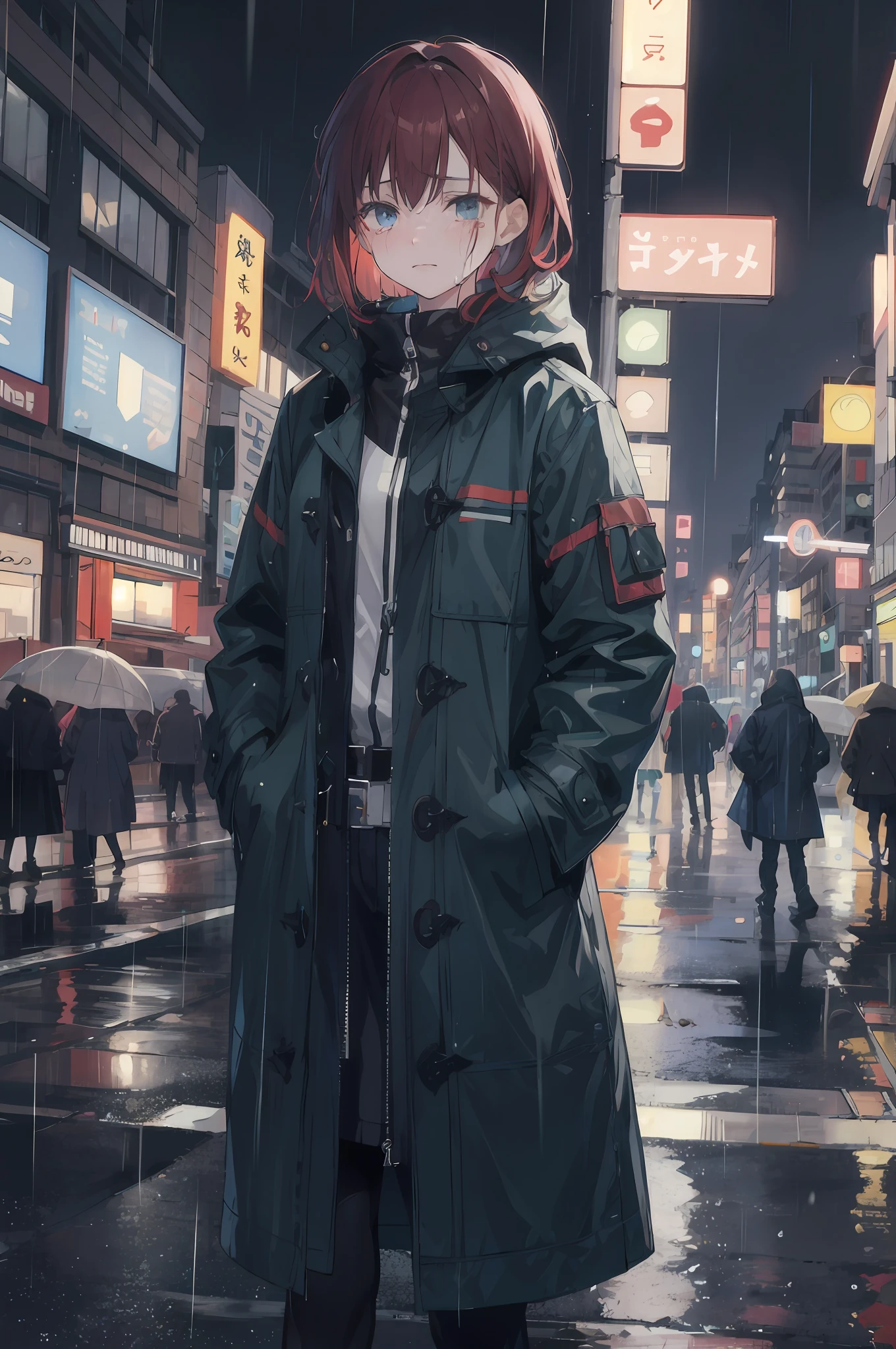 1girl, night city, rain, coat, hands in pockets, tears, crying, red hair