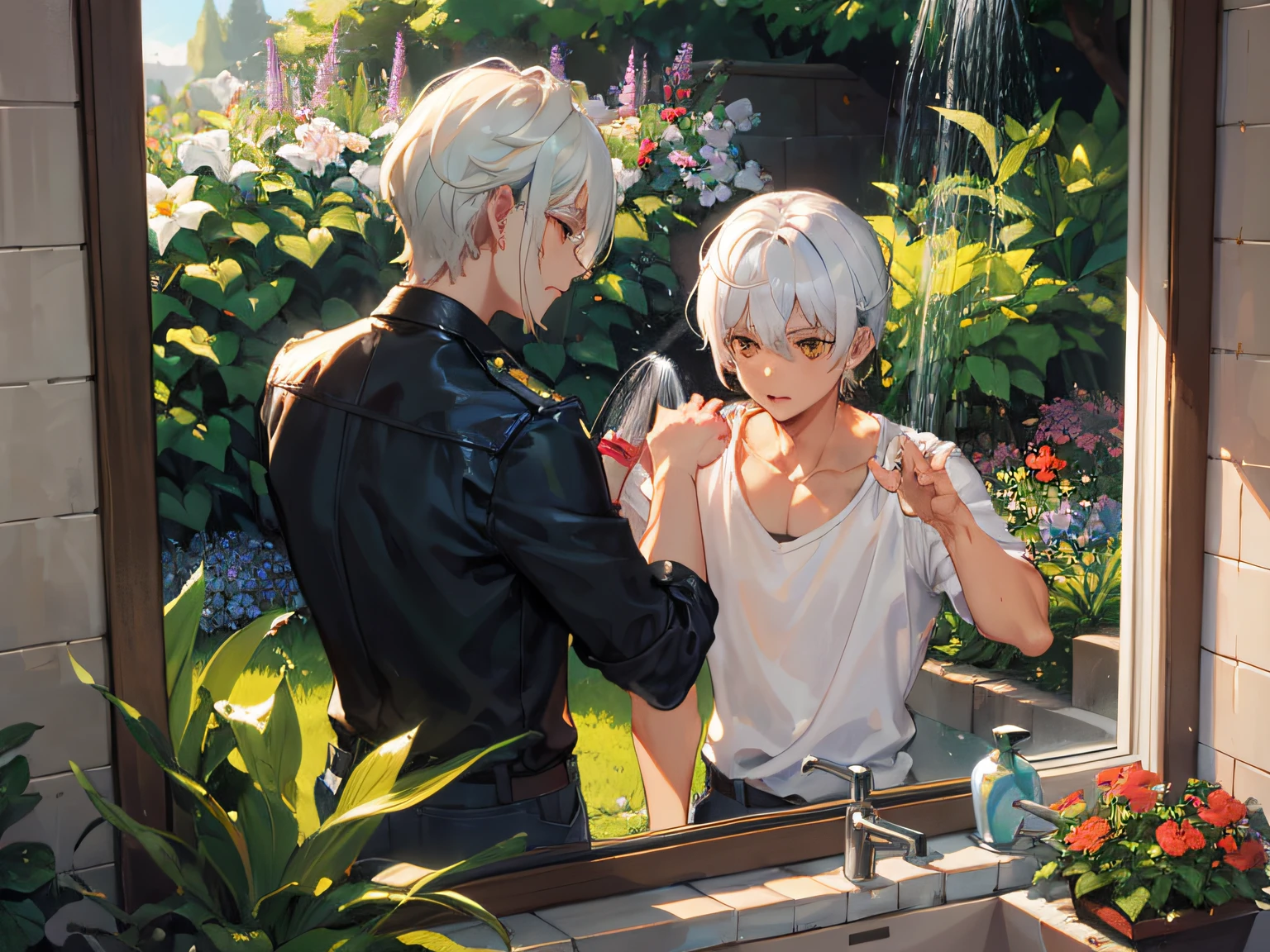 Excellent, masterpiece, white hair, golden eyes, hair, fair skin, man in garden park male bust mirror hand shower watering flowers watering two men
