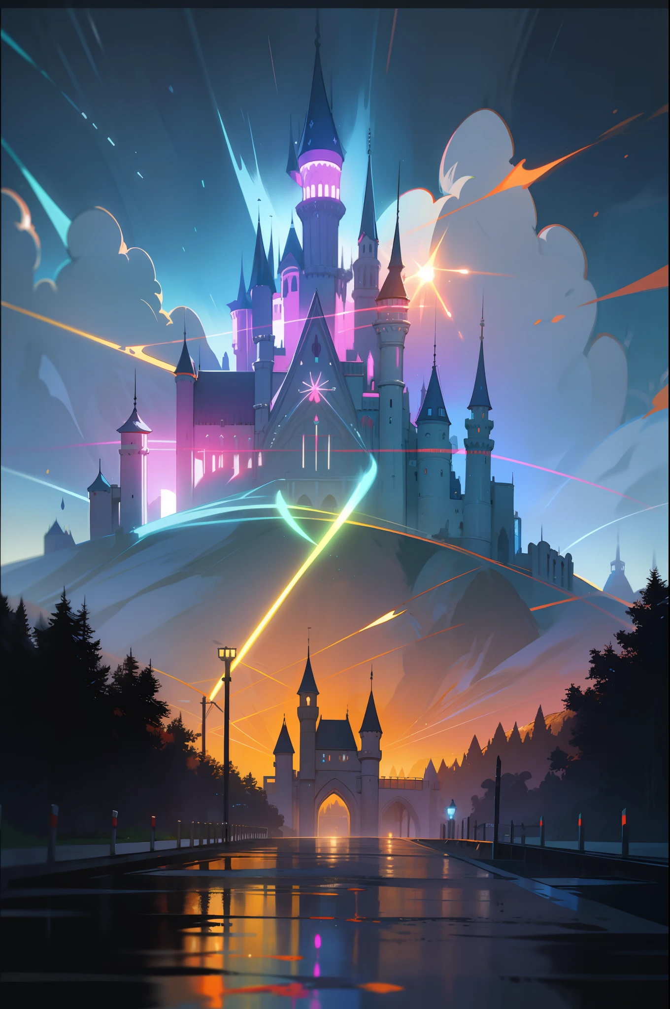 Masterpeace, BestQuality, Car, Mountains, Wet Road, Auto, Huge Neon Castle, Sign, Bright Colors, Volumetric Lighting, Best Shadows, Shallow Depth of Field, (High Quality, Stunning Details: 1.25), Brilliant Colorful Paintings, Whimsical, Magical, Flicker, Highlights, Neon Garland, Details, 8k